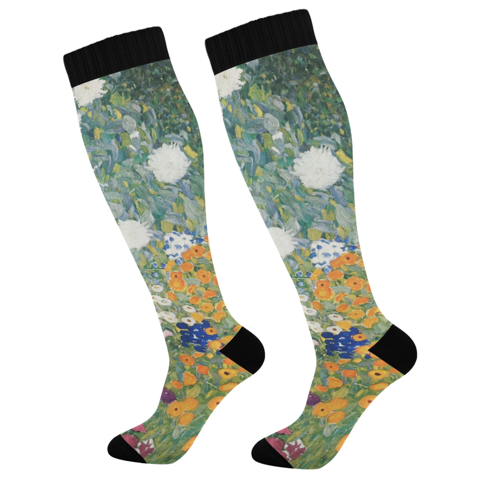 Gustav Klimt Flower Garden Knee High Socks for Women & Men - 2 Pairs of Artistic Casual Socks - Perfect for Cosplay, Vintage Outfits & Everyday Wear