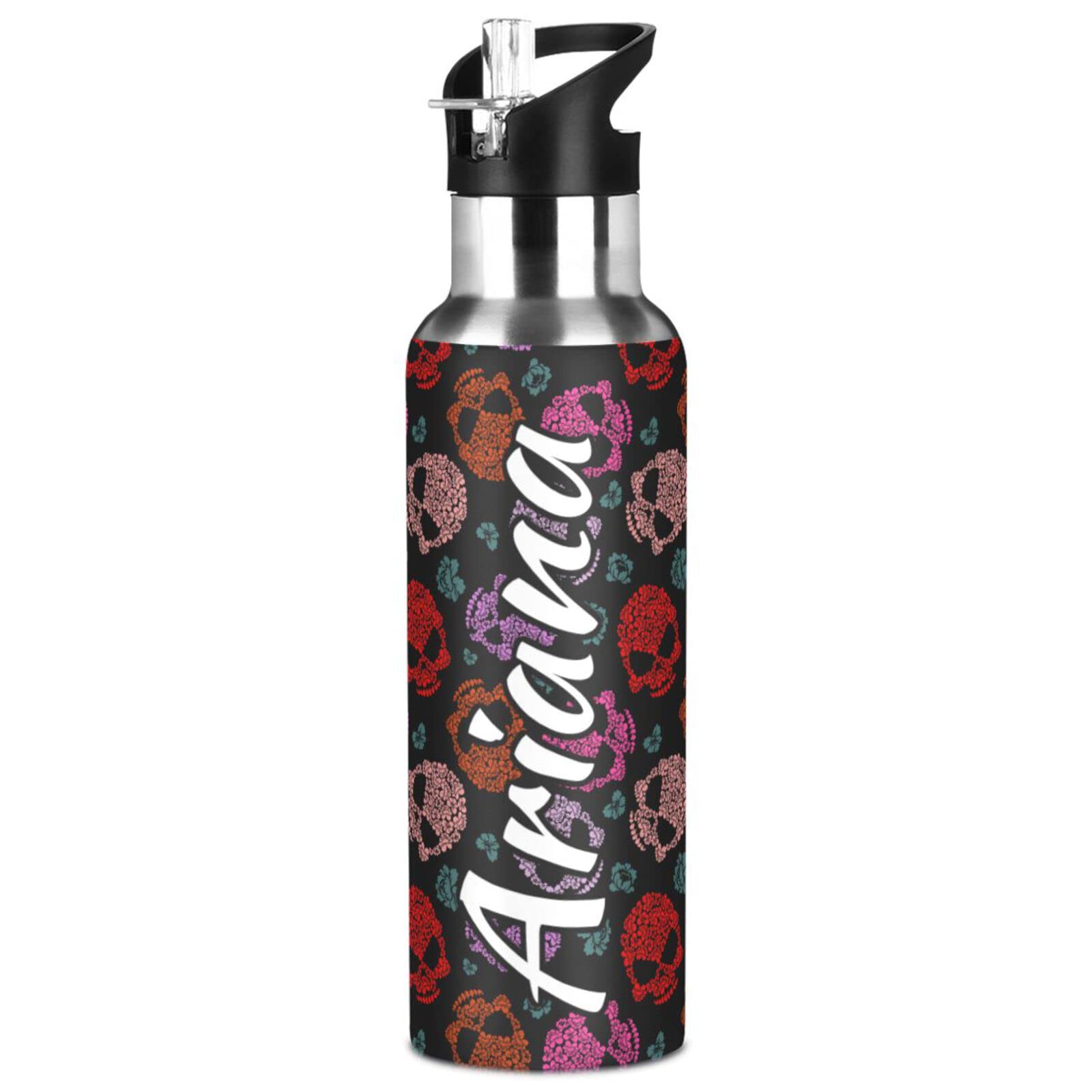 Custom 20oz Insulated Flower Skull Water Bottle with Straw Lid - Personalized Reusable Sports Bottle for Gym, Hiking & Backpacking - BPA Free Leakproof Stainless Steel Drinkware for Outdoor Activities & Workouts