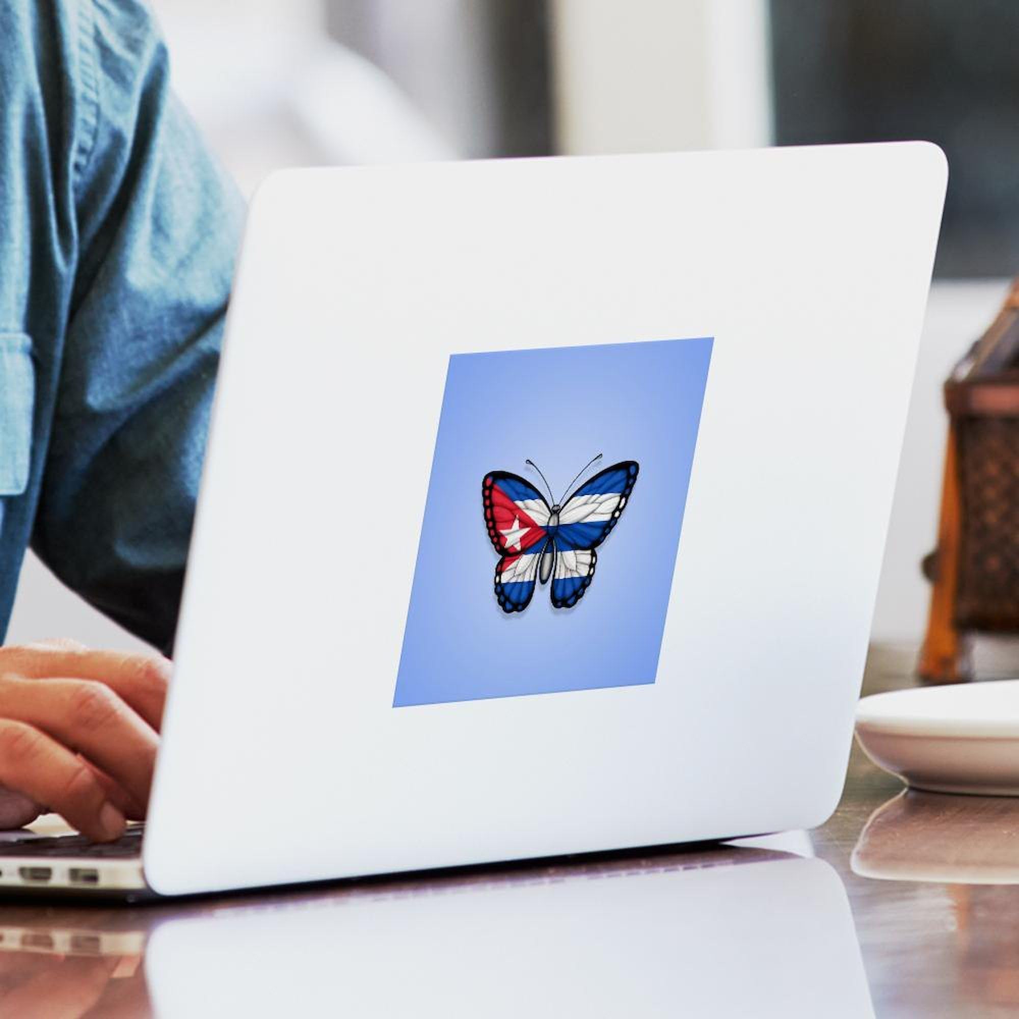 Cuban Flag Butterfly on Blue Sticker - Square Bumper Decal for Cars, Laptops & Windows | Patriotic Cuban-American Pride Accessory