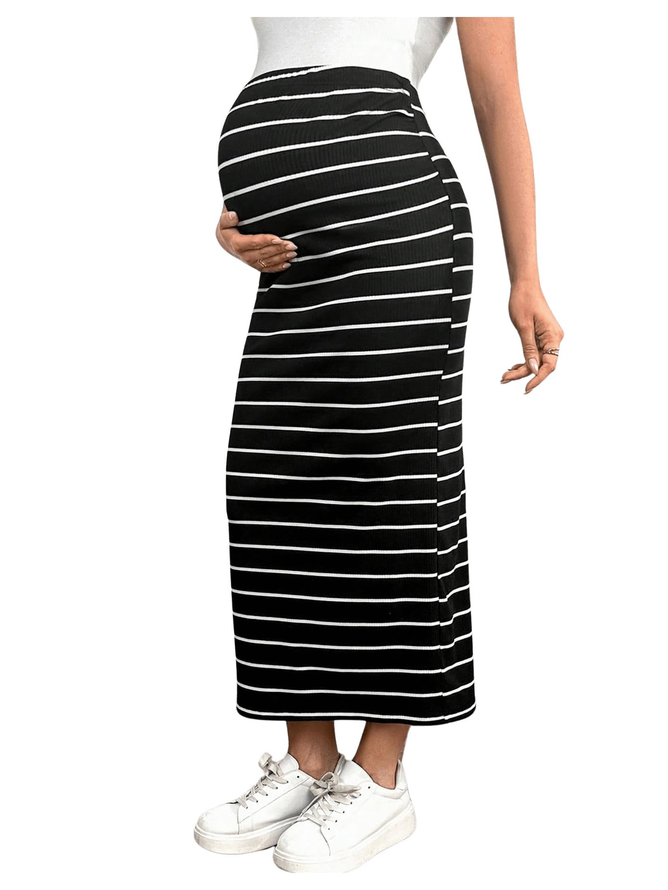 SHENHE Women's Maternity Long Striped High Waist Adjustable Split Skirt - Comfortable Pregnancy Dress for Work, Travel & Casual Wear