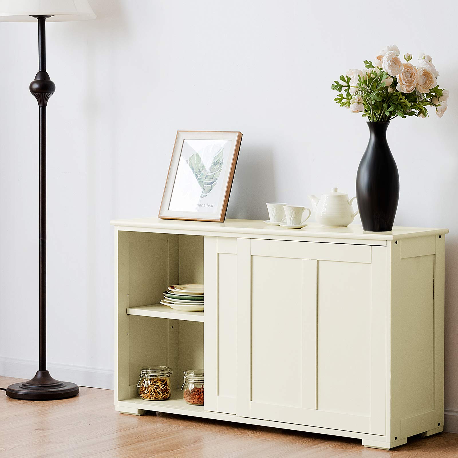 Mayjooy White Kitchen Buffet Cabinet with Sliding Doors & Adjustable Shelves - Modern Credenza Storage Cabinet, Sideboard Console Table for Living Room, Dining Room, Hallway - Perfect for Home Organization & Entertaining Guests