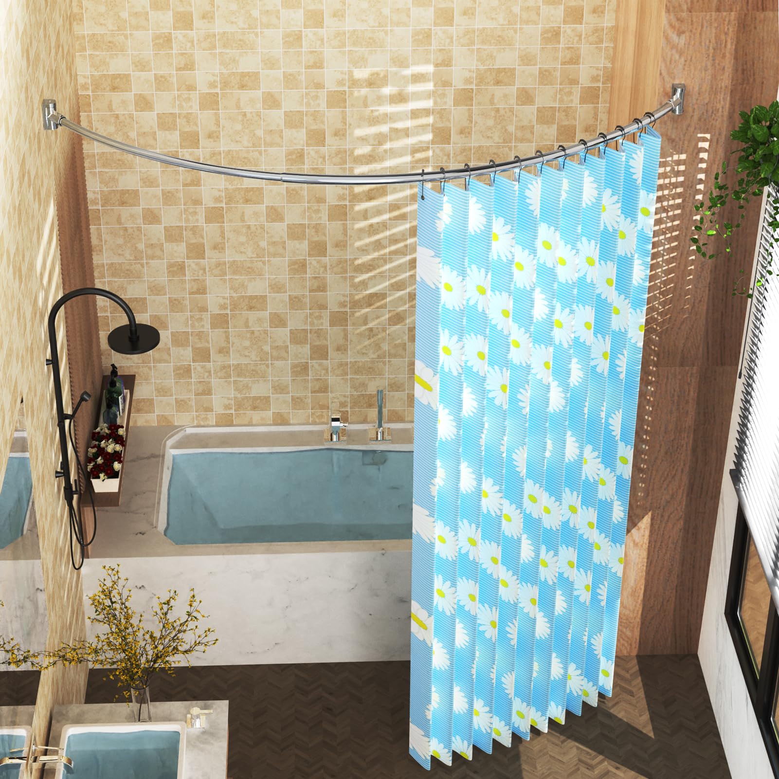 Adjustable Curved Shower Rod 38-72 Inches - Chrome Metal Bathroom Shower Curtain Rod with Rotating Brackets for Spacious Showers (Drilling Required) - Perfect for Modern Bathrooms & Luxury Hotel-Style Showers
