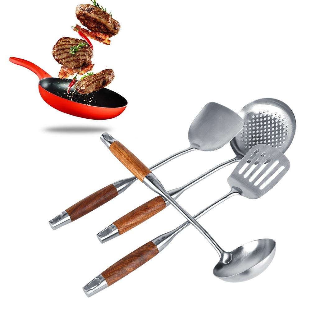 4-Piece Wooden Handle Cooking Utensil Set - Spatula, Spoon, Turner & Ladle for Nonstick Pots & Pans - Perfect for Baking, Frying & Everyday Kitchen Use