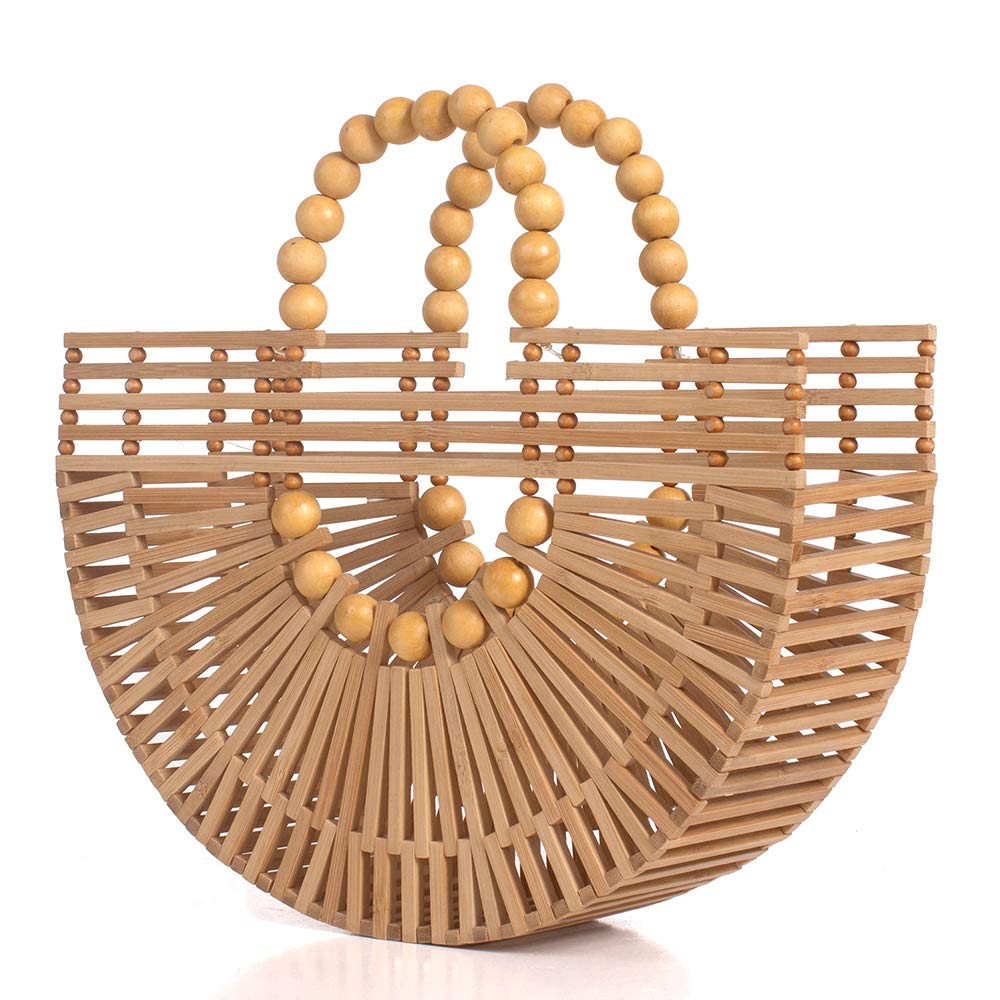 Eco-Friendly Women's Bamboo Tote Bag with Wooden Beads - Handmade Straw Purse for Summer, Beach, Travel & Shopping - Perfect for Casual Outings, Picnics and Vacation Accessories