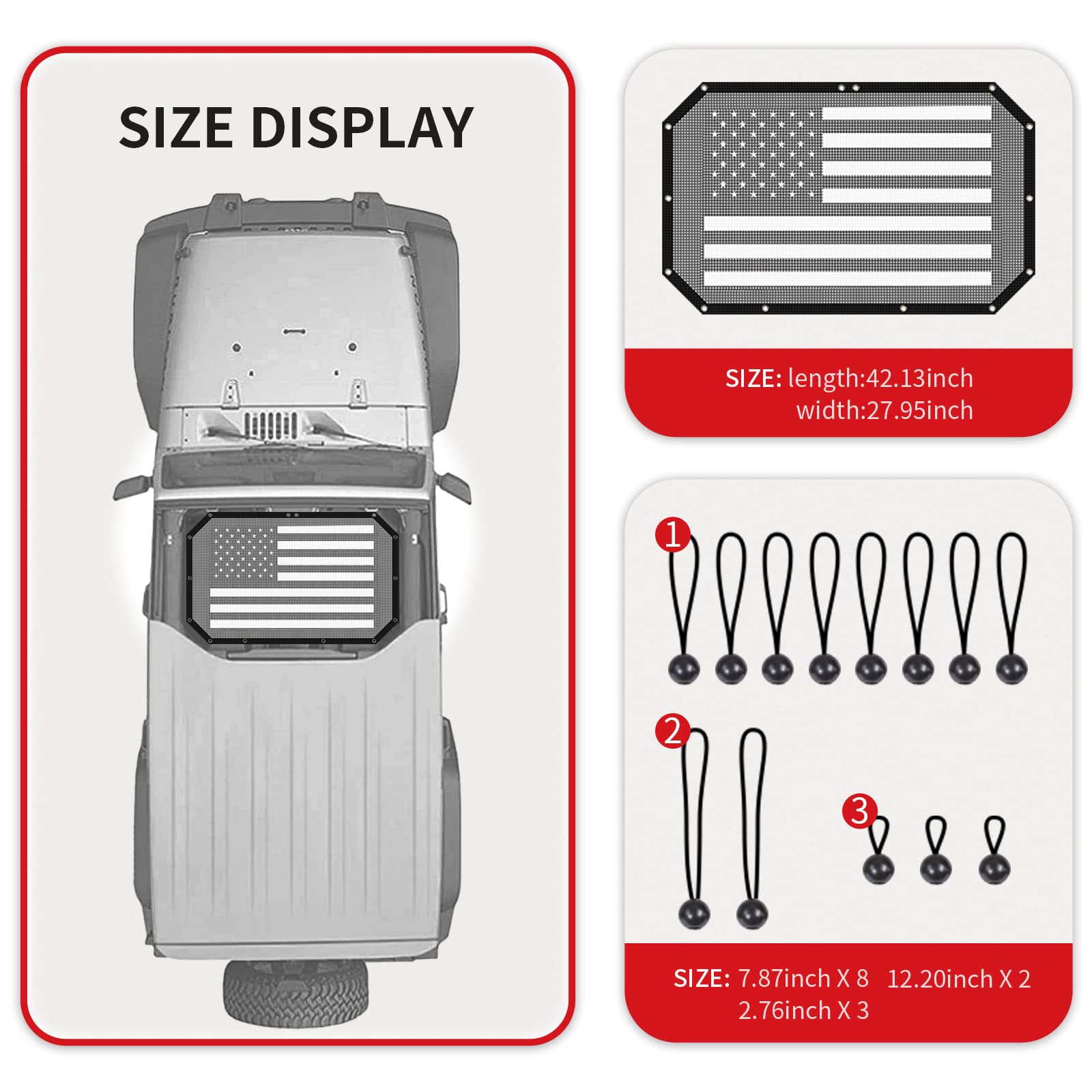 RT-TCZ Jeep Wrangler JK Front Top Shade | American Flag Bikini Sunshade Mesh Cover for 2007-2017 JK & JKU Models | Perfect for Summer Beach Trips & Off-Road Adventures