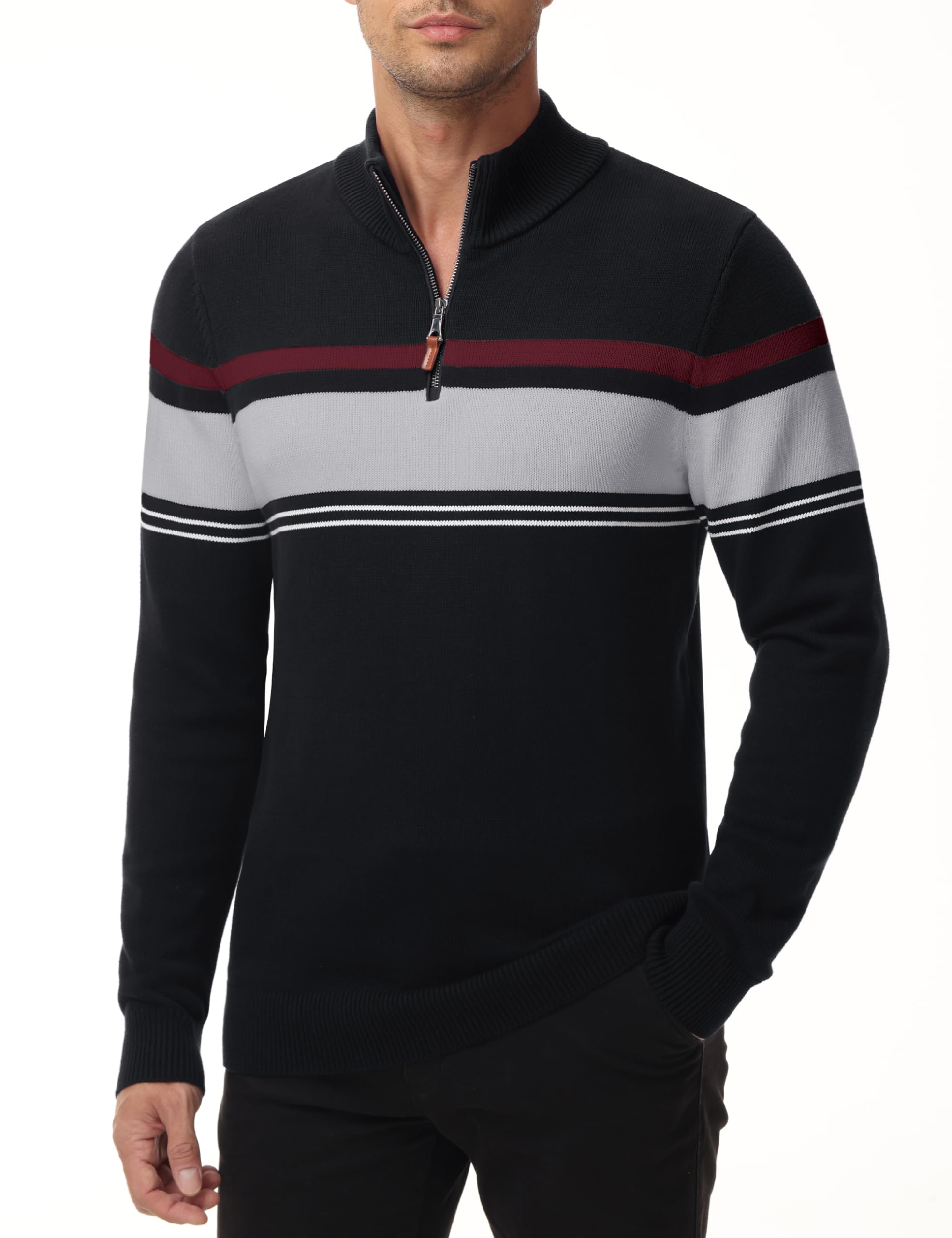 MAGNIVIT Men's Quarter Zip Striped Sweater Pullover - Color Block Polo Sweatshirt for Fall Winter & Spring | Casual Office Wear & Outdoor Activities