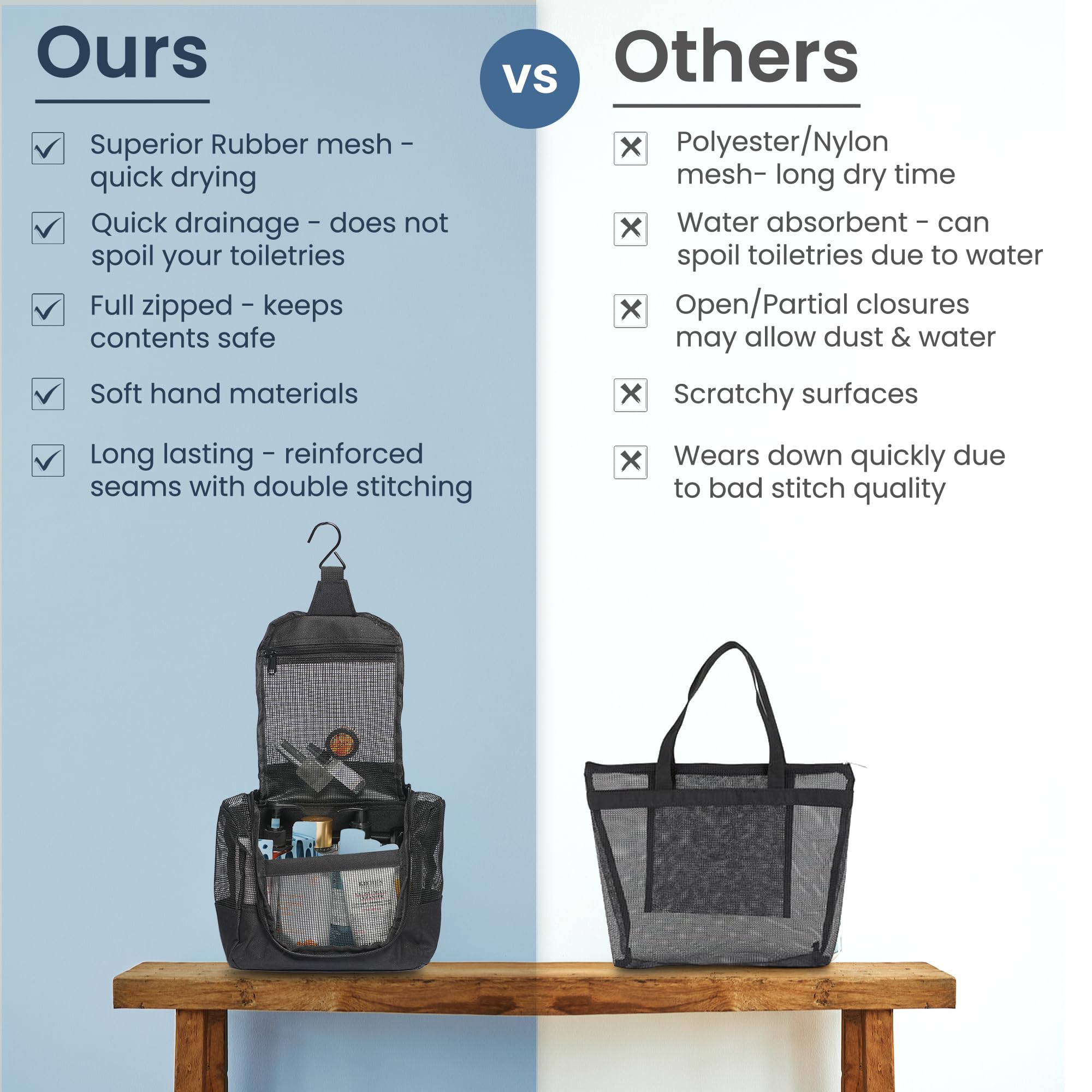 Portable Hanging Shower Caddy Organizer - Quick Dry Mesh Bathroom Storage Bag with Metal Hook & Free Toiletries Case (10”x4”x8”, Black) - Perfect for College Dorm, Camping, Gym & Travel Accessories