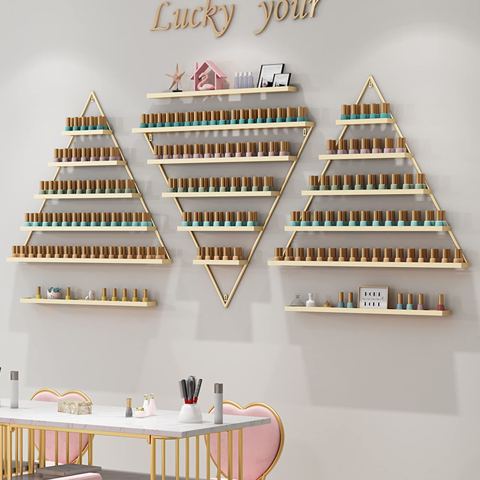 10-Piece Metal Nail Polish Organizer Set - 5-Tier Wall Mounted Display Rack Holds 550 Bottles, Gold Triangle Essential Oil & Nail Polish Storage Shelf for Salon, Spa & Home Decor