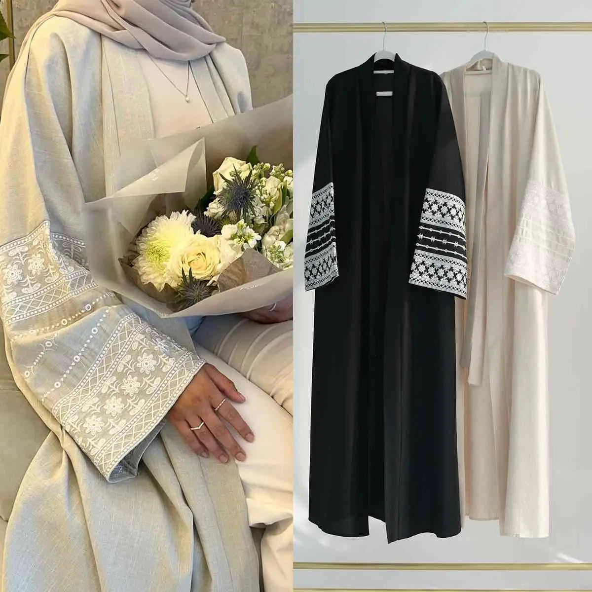 Elegant Embroidered Sleeve Cardigan Open Abaya Dress for Women - Perfect for Prayer, Modest Fashion & Special Occasions