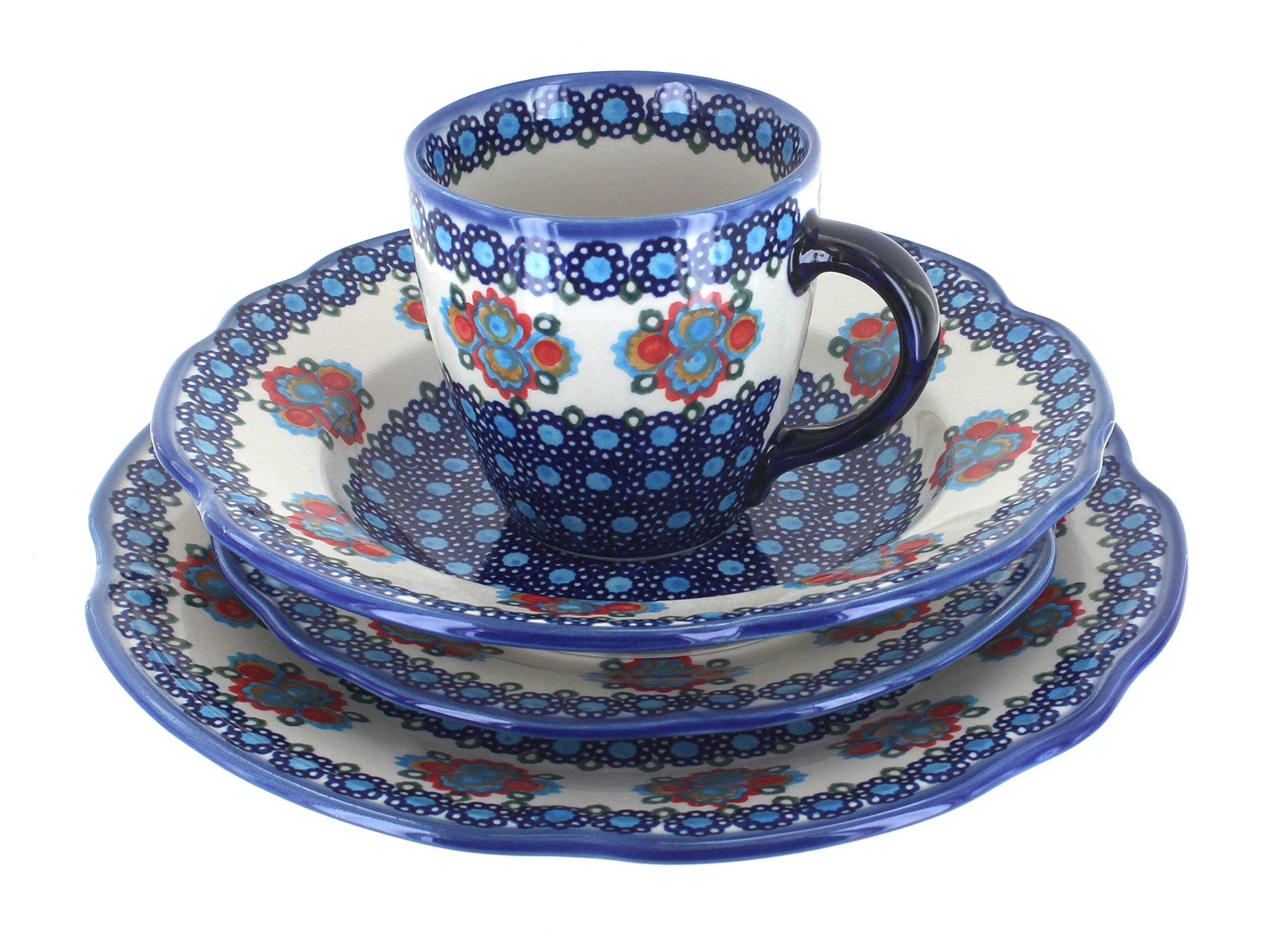 Blue Rose Polish Pottery Verona 16-Piece Dinnerware Set - Elegant Porcelain Plates, Bowls & Cups for Formal Dining, Wedding Registry & Holiday Entertaining