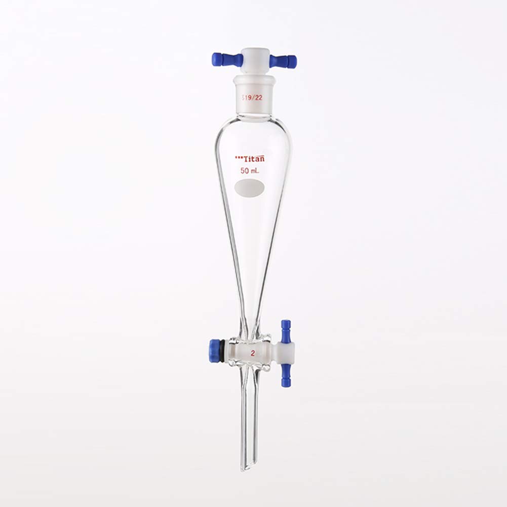 Premium 50ml Borosilicate Glass Heavy Wall Conical Separatory Funnel - 19/22 Joints & PTFE Stopcock for Chemistry Labs, Essential Oil Extraction, and Liquid Separation