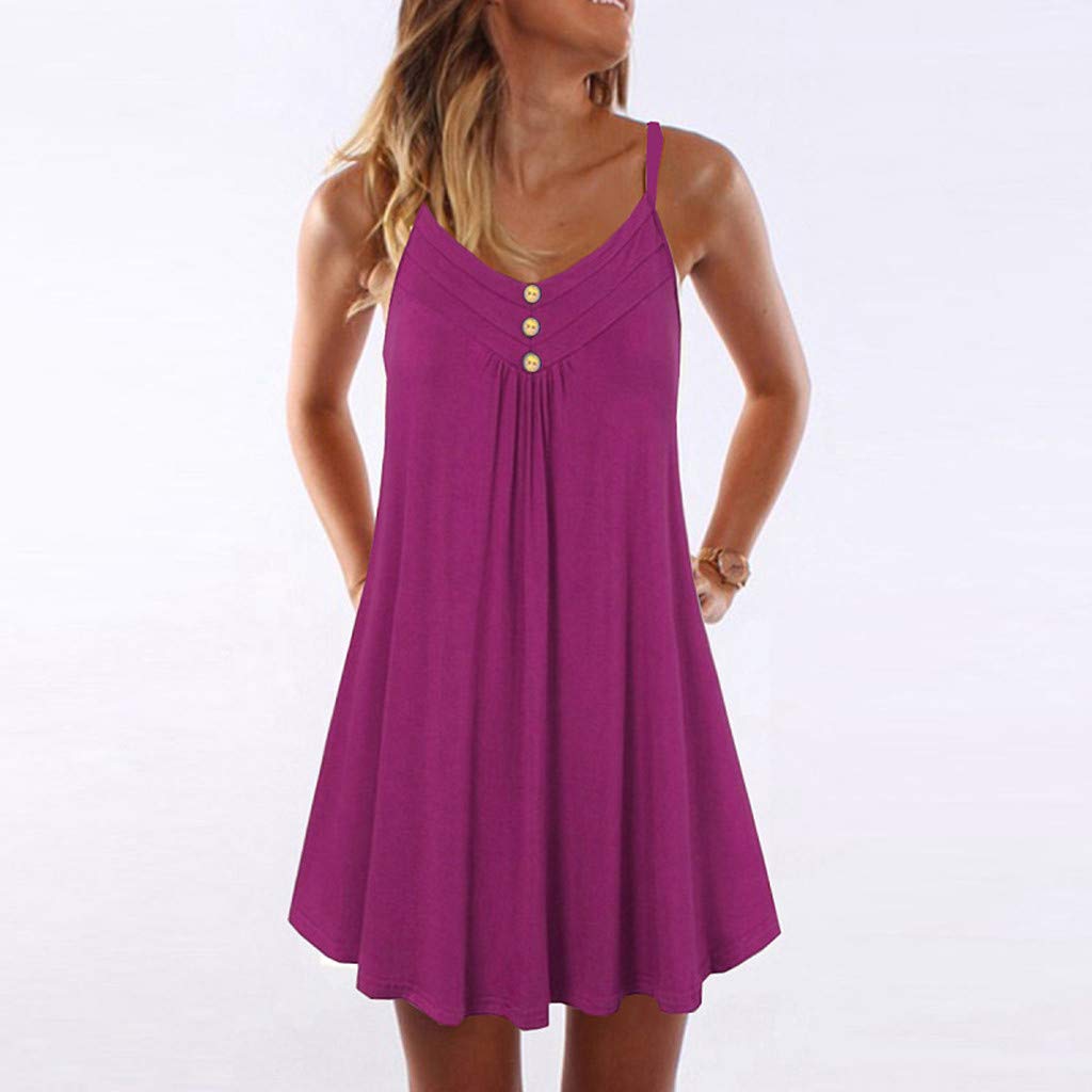 COOKI Women's Sleeveless Spaghetti Strap Solid Color Mini Dress - Casual Boho T-Shirt Dress in Hot Pink | Perfect for Summer Outings, Beach Vacations & Date Nights