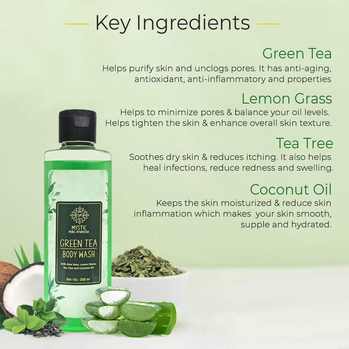 Mystic Pure Ayurveda Green Tea & Lemongrass Body Wash - Skin Purification & Hydration with Tea Tree & Coconut Oil (13.5 fl oz) | Refreshing Daily Shower Gel for Dry & Sensitive Skin
