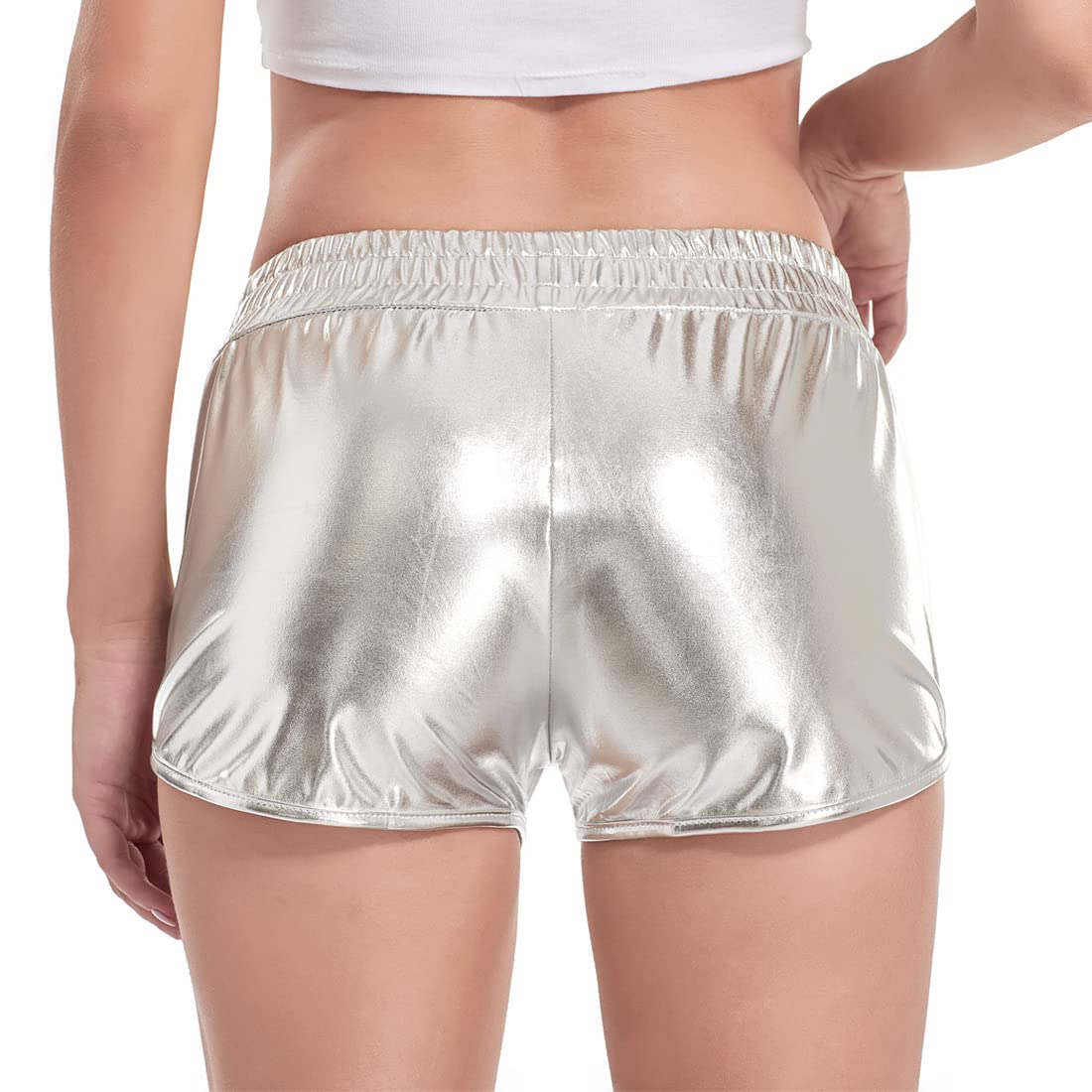 Women's High Waist Metallic Shiny Shorts - Elastic Waistband for Comfort - Perfect for Rave, Dance, Clubwear & Night Out Outfits