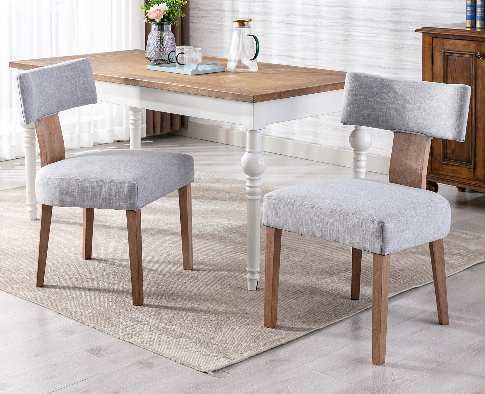 VESCASA Mid-Century Modern Farmhouse Dining Chairs Set of 2 - Upholstered Linen Padded Seats with Curved Open Back & Solid Wood Legs - Light Grey - Perfect for Dining Room, Kitchen, Breakfast Nook & Farmhouse Decor