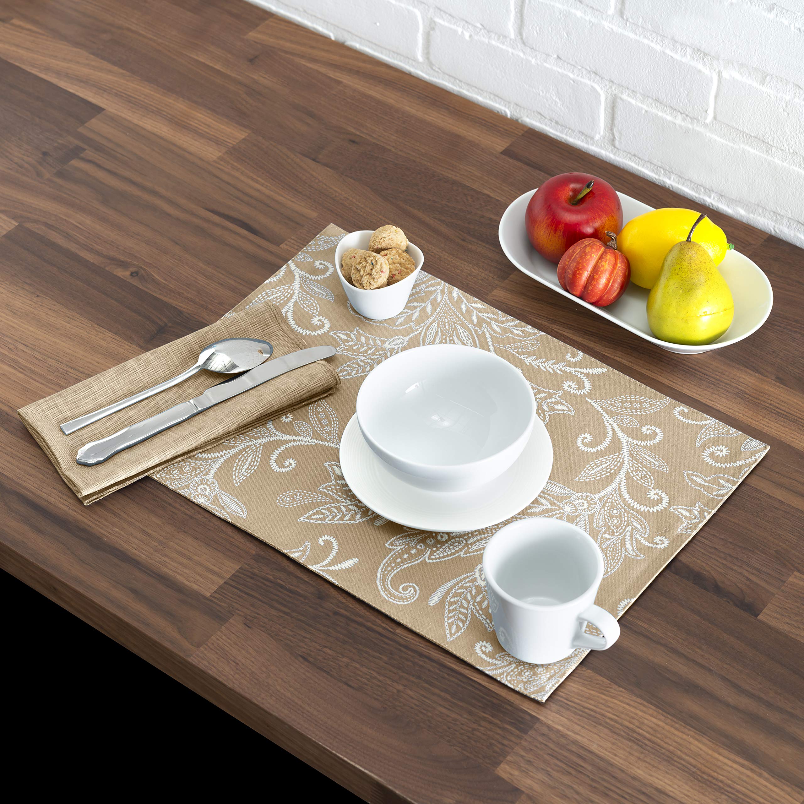 Ellis Curtain Lexington Leaf Placemats Set of 4 - Natural Tan Woven Table Mats for Dining Room Decor, Kitchen Table Setting, and Fall Thanksgiving Dinner Party