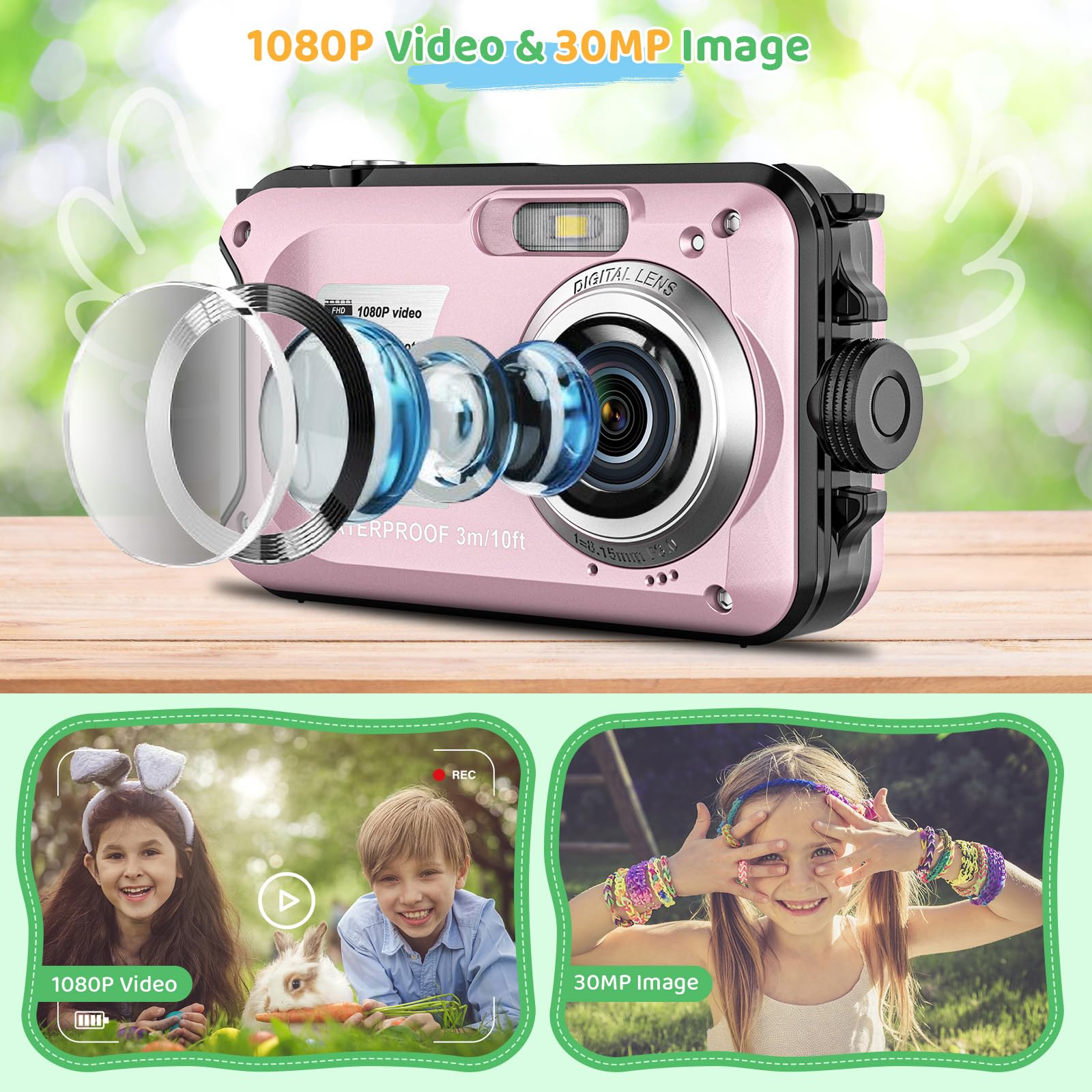 Waterproof Digital Camera 10FT Underwater, 1080P Full HD 30MP Kids Camera with 16X Zoom & Anti-Shake - Perfect for Swimming, Snorkeling & Outdoor Adventures (Pink)