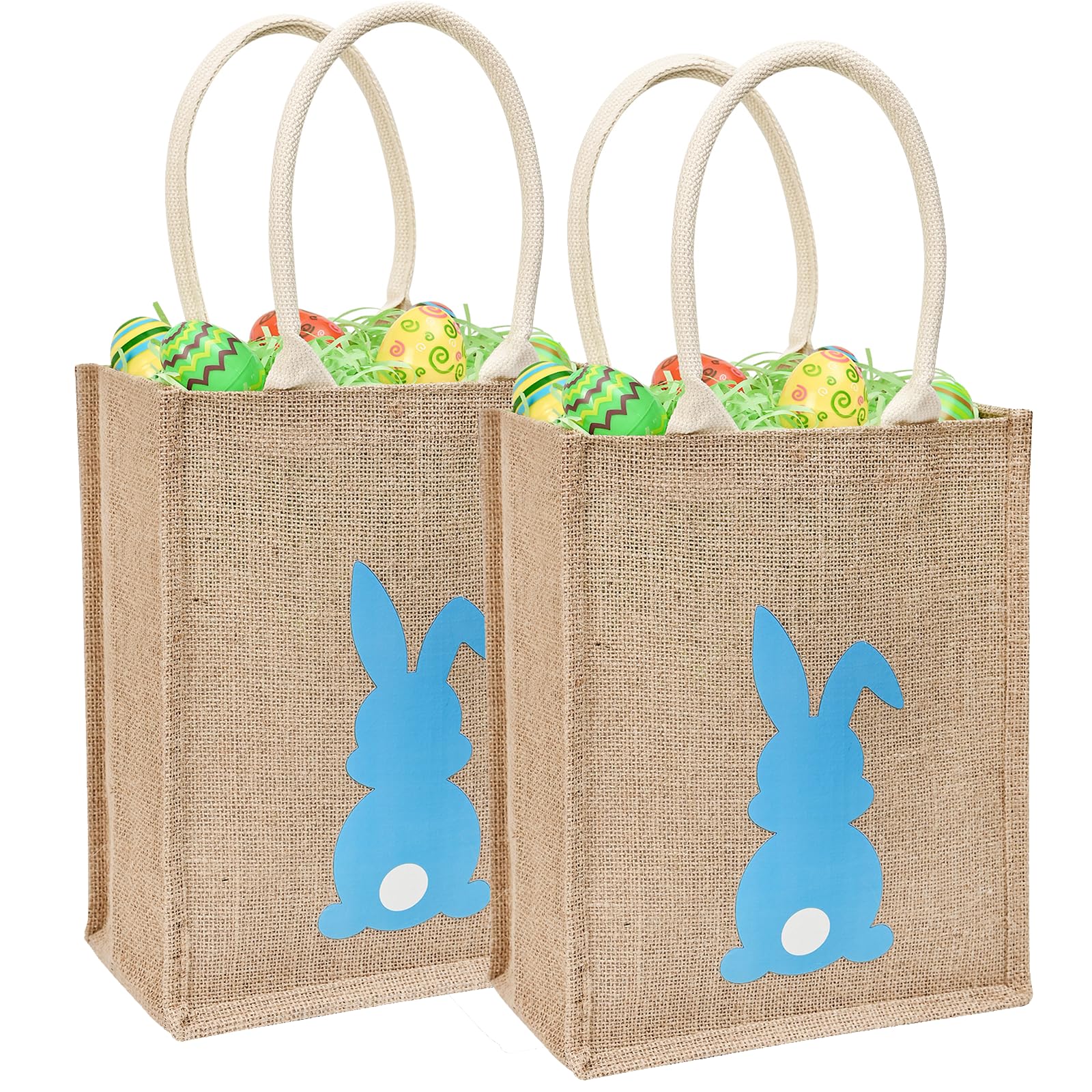 ATFUNSHOP Easter Tote Bag for Kids - Reusable Blue Bunny Basket for Egg Hunt, Easter Party & Spring Celebration - Durable Linen Easter Gift for Boys & Girls