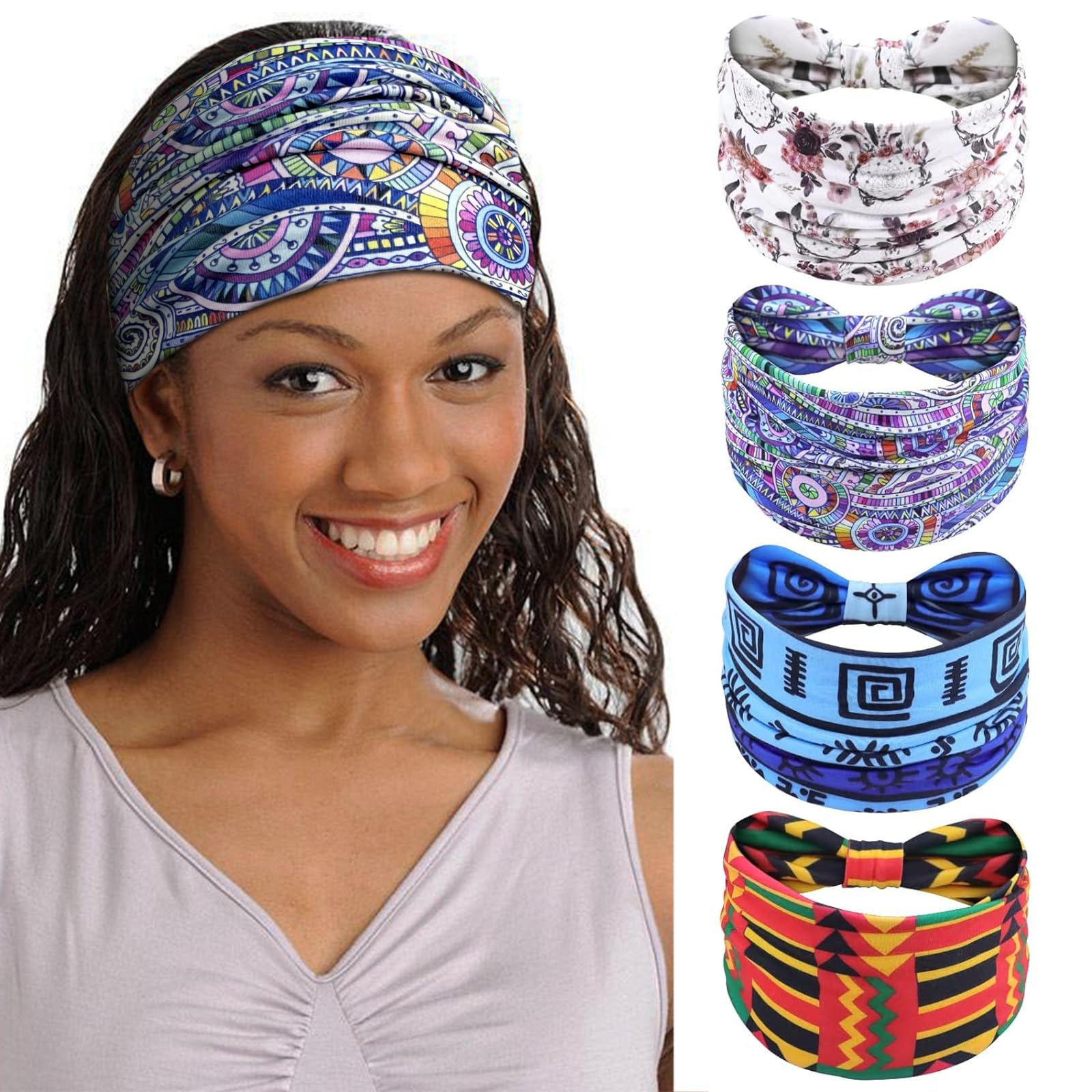 Kavya Wide Elastic Headbands for Women - 4 Pack Stretch Hair Bands for Adults, African American Hair Accessories - Perfect for Workouts, Yoga, and Everyday Styling
