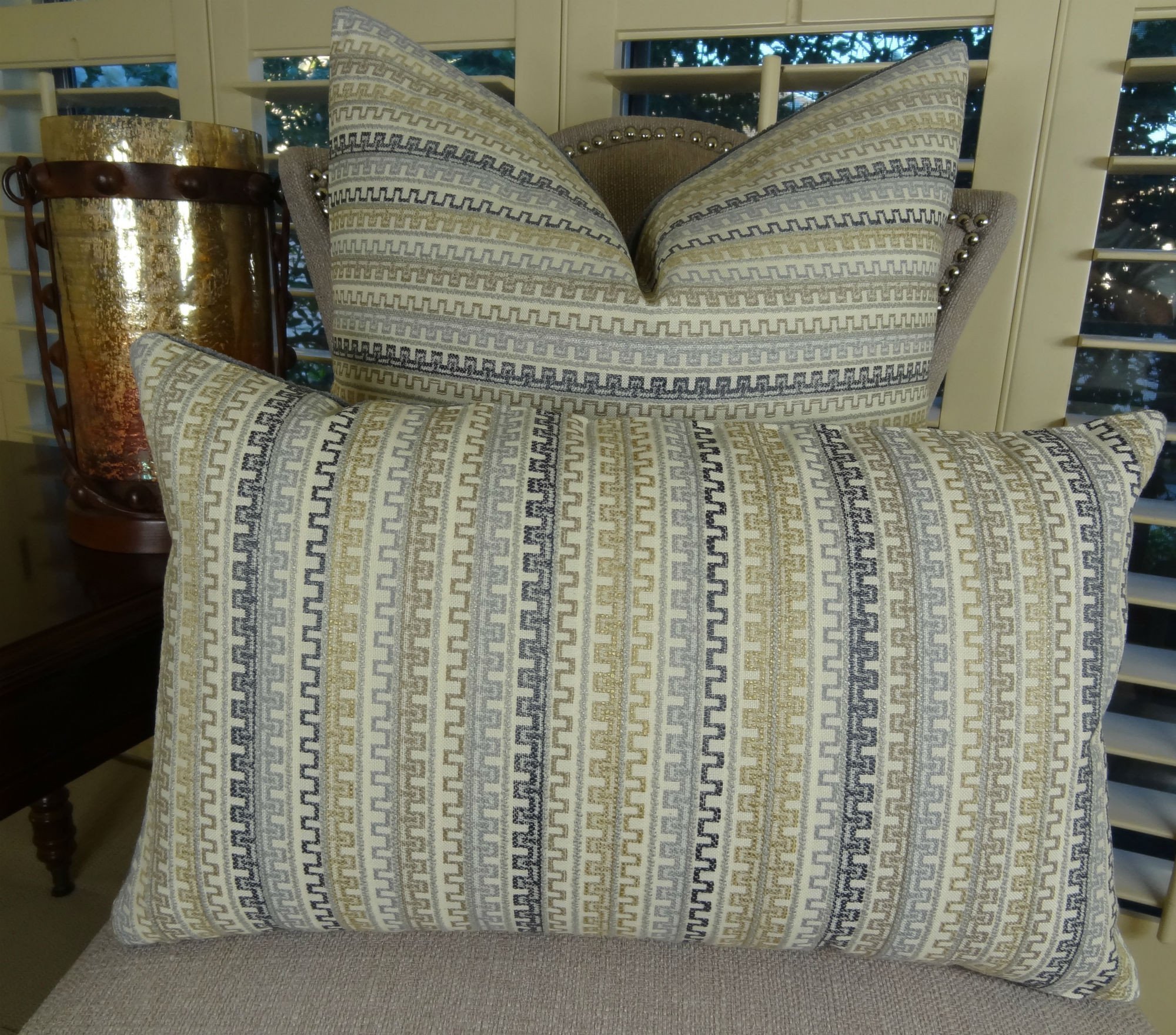 Blue Gray Chevron Throw Pillow - Geometric Greek Key Decorative Pillow - Taupe Cream Zig Zag Pattern - Made in USA - Perfect for Sofa, Bed & Home Decor