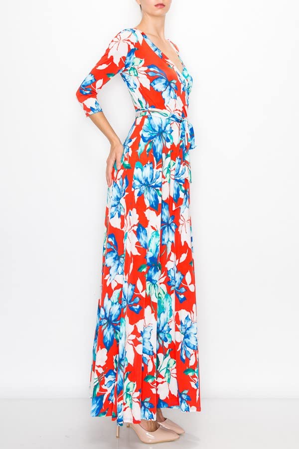 Women's Super Stretchy Maxi Party Dress - Floral Print Wrap V-Neck 3/4 Sleeve Spring Summer Cocktail Dress for Weddings, Dinners & Special Occasions