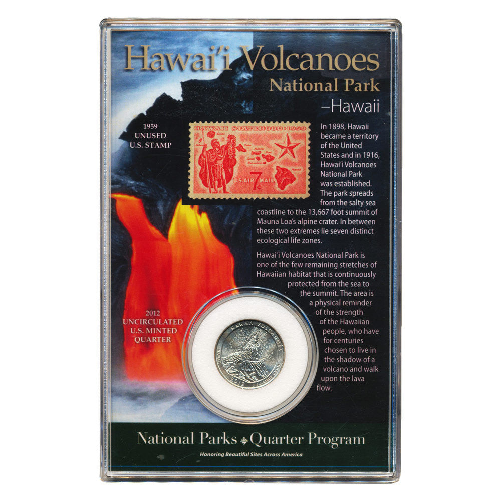 Hawaii Volcanoes National Park Quarter and Stamp Set - Collectible US Coin and Postage Souvenir for Travel Enthusiasts & History Buffs