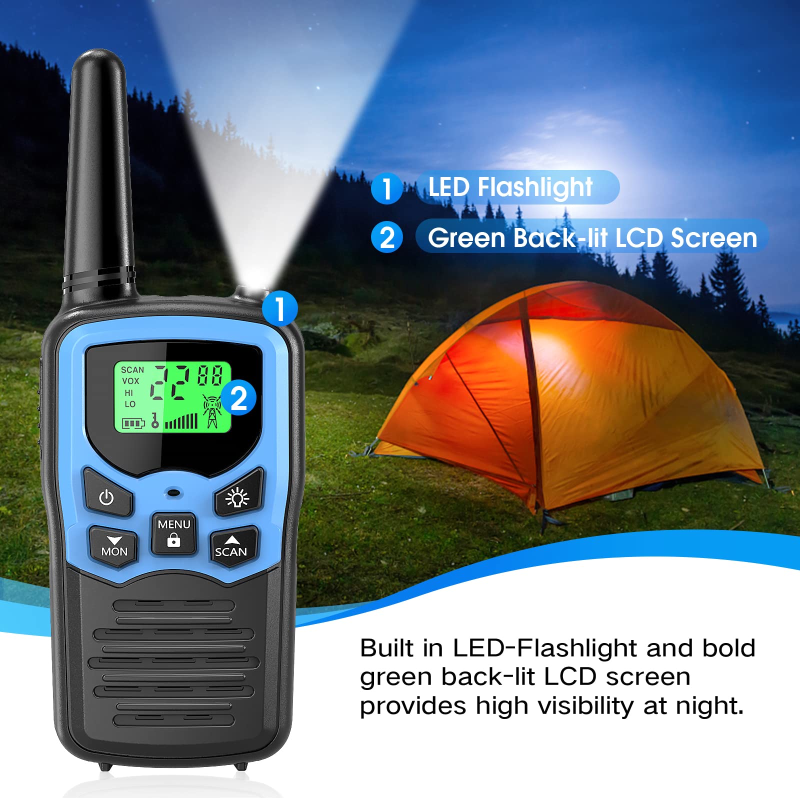 MOICO Long Range Walkie Talkies for Adults - 22 FRS Channels, LED Flashlight, VOX Scan & LCD Display - Perfect for Hiking, Camping, Outdoor Adventures & Emergency Communication (4 Pack, Blue)