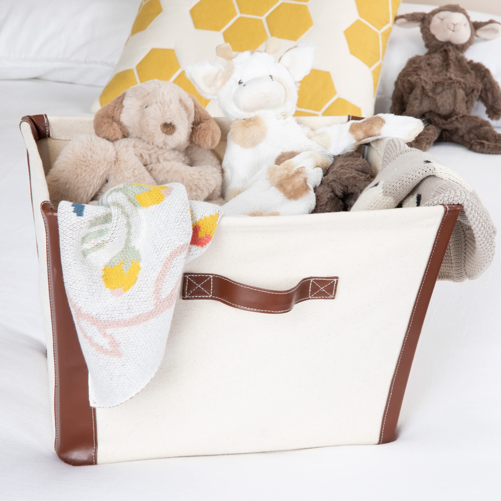 Eco-Friendly Canvas Storage Bin with Vegan Leather Trim - Perfect for Home Organization, Closet, Nursery & Office Storage
