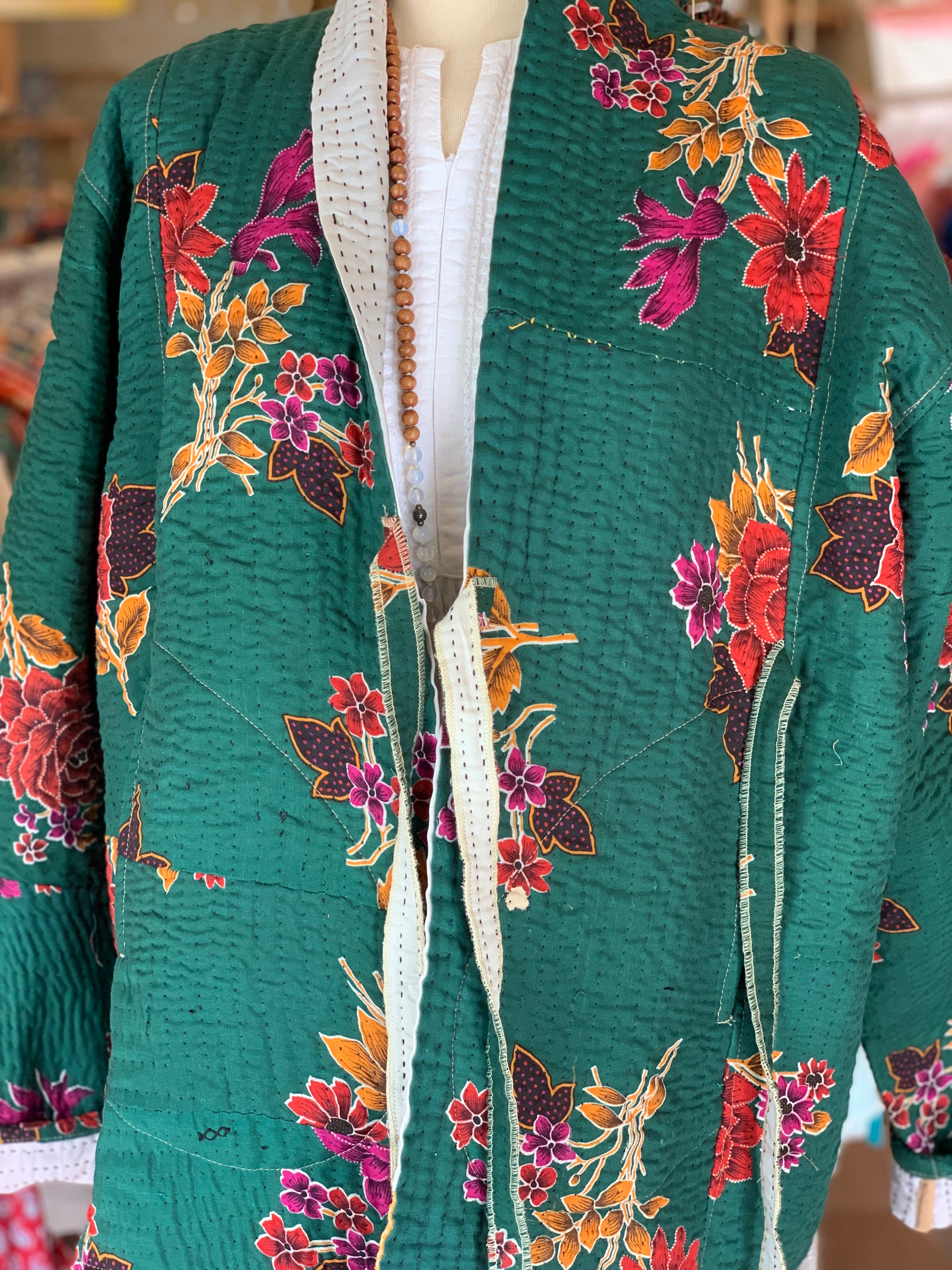 Boho Kimono Jacket - Handmade Kantha Textile No.5 in Green | Perfect for Festivals, Beach Cover-Ups & Boho Fashion