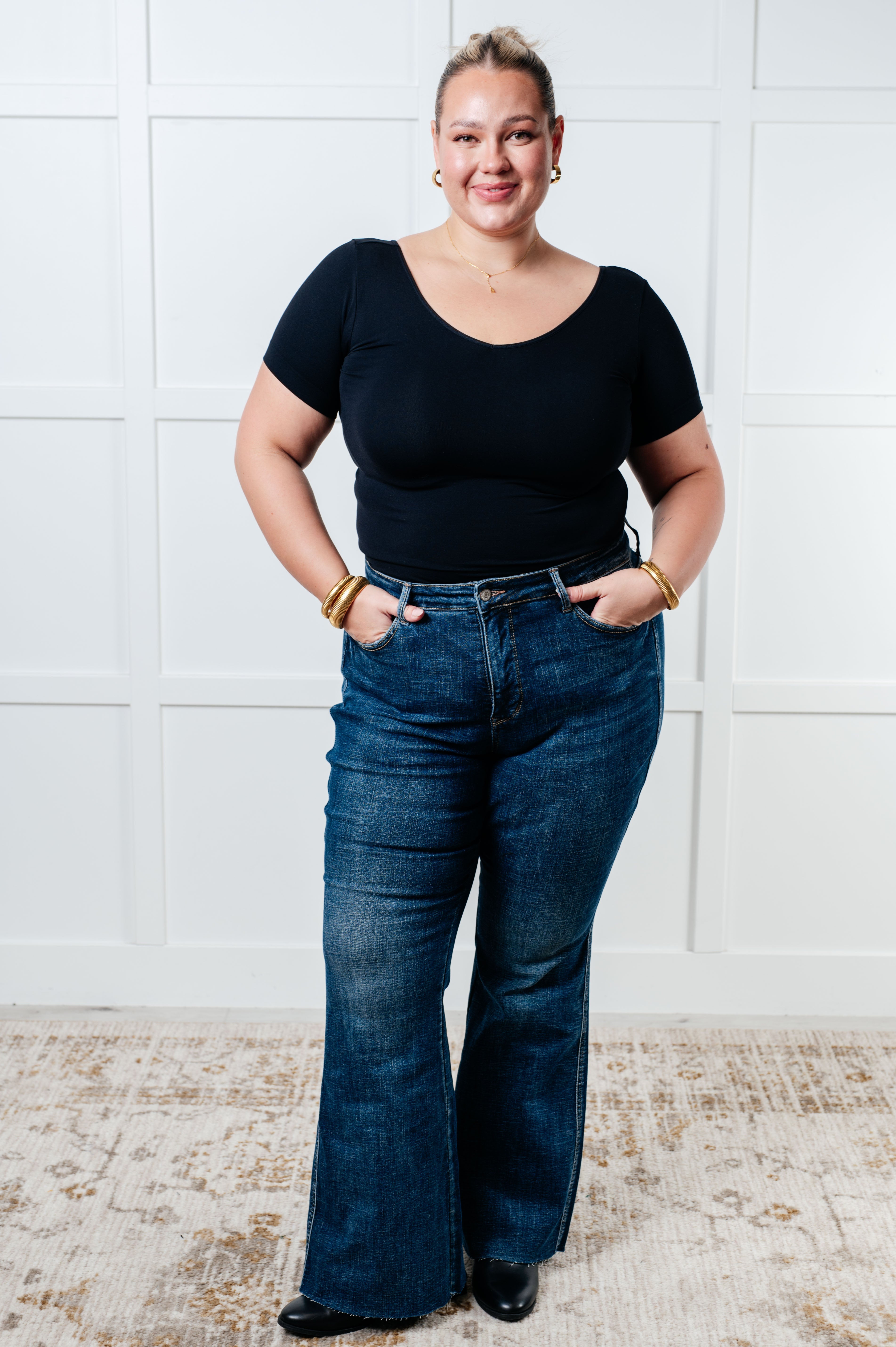 Edna High Rise Control Top Pocket Flare Jeans for Women - Slimming Tummy Control Denim Pants - Perfect for Casual Outfits, Workwear & Date Nights