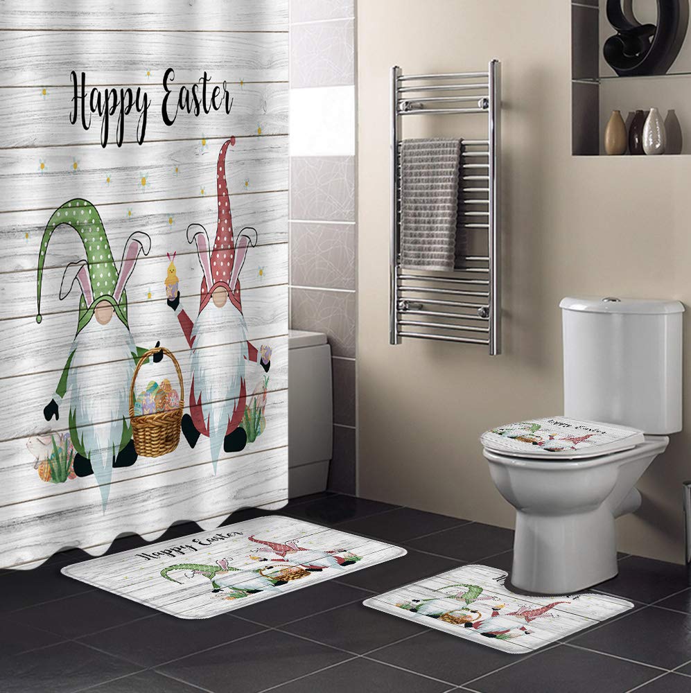 ALAGEO Happy Easter Gnomes 4-Piece Bathroom Set - Non-Slip Shower Curtain, U-Shape Rug, Toilet Cover & Bath Mat - Farmhouse Decor for Spring, Easter Party & Holiday Bathroom Decorations