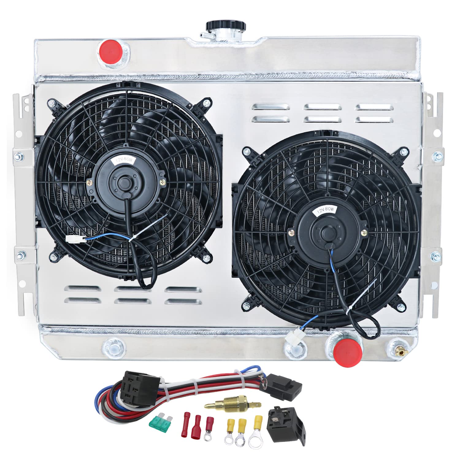 1959-1968 Chevy Impala Bel Air Biscayne Chevelle Caprice Aluminum Radiator - 3 Row High Performance Cooling System with Shroud, Fan & Relay Kit - Perfect for Classic Car Restoration & Hot Rod Upgrades