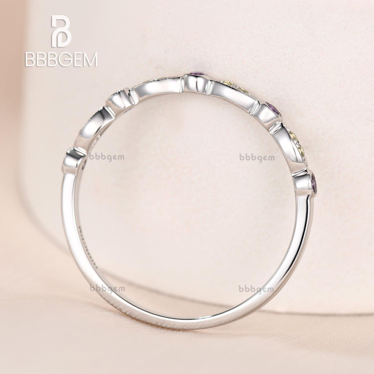 Marquise and Dot Amethyst Peridot Wedding Ring - Platinum Half Eternity Band for February & August Birthstones - Perfect for Anniversary, Engagement, and Bridal Jewelry Gifts