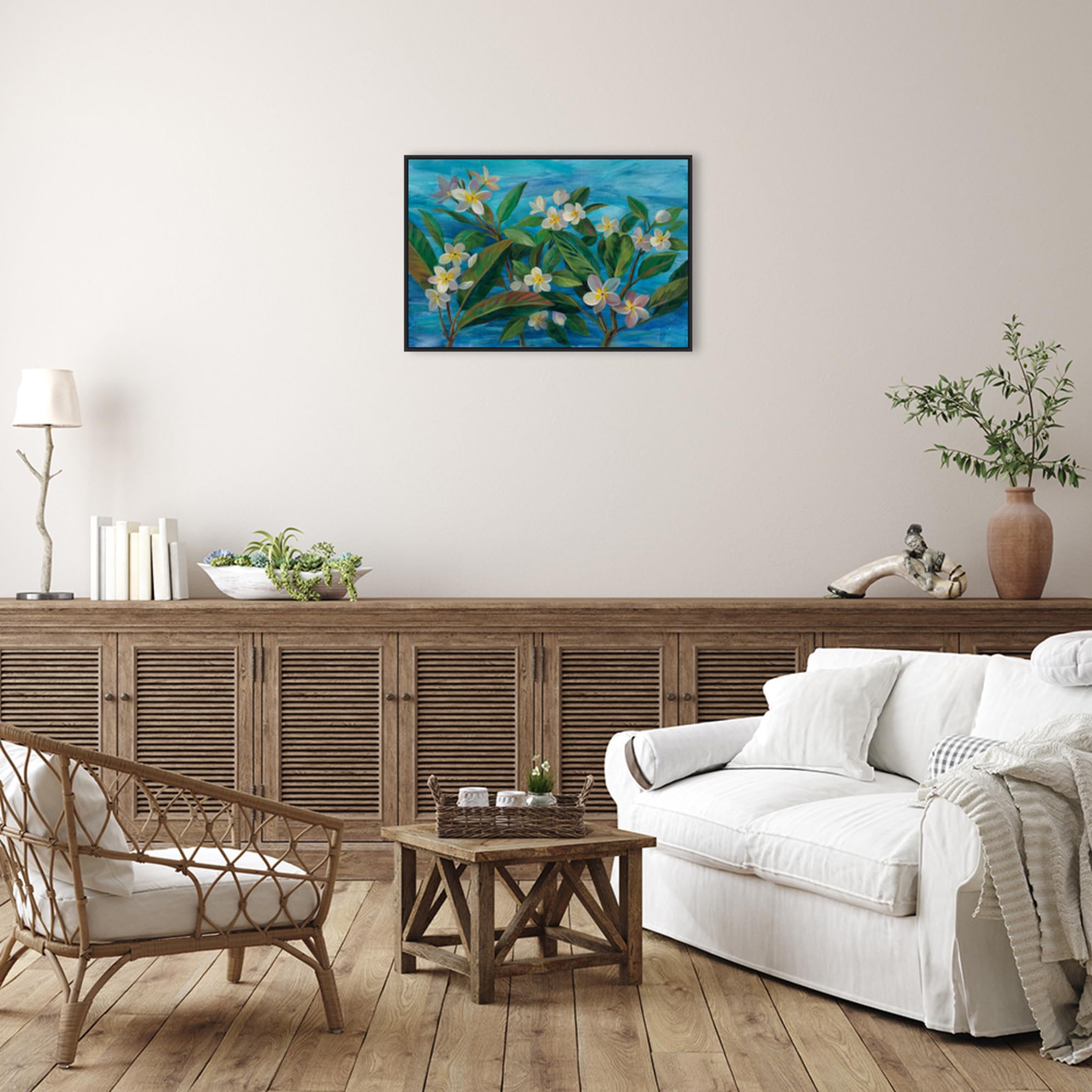 Amanti Art Framed Canvas Wall Art - 23x33 Inches Oceanside Plumeria Floral Painting by Silvia Vassileva, Modern Framed Flower Canvas Artwork for Living Room, Bedroom, Bathroom Decor | Perfect for Home, Office & Gift Giving