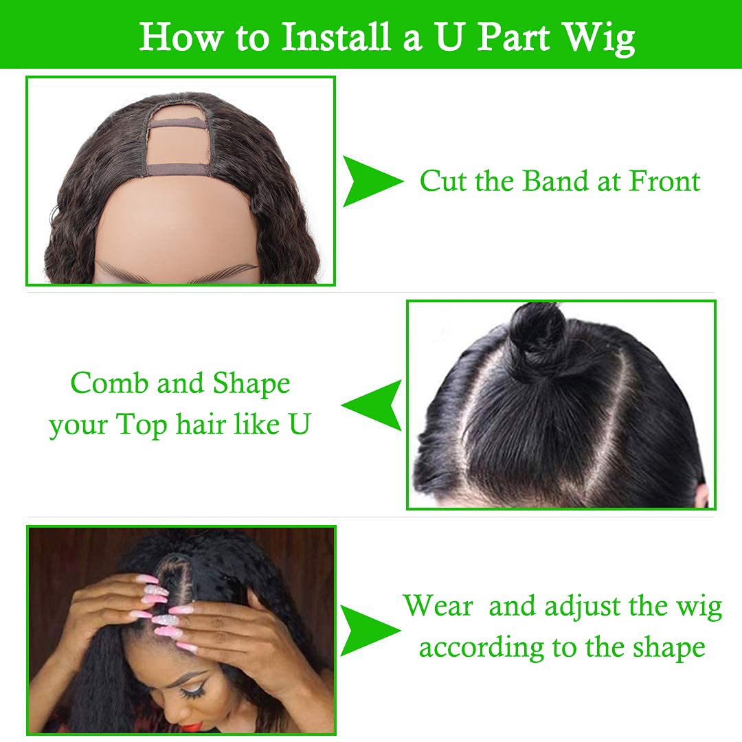 Brazilian Deep Wave U Part Wig 18 Inch - 180% Density Virgin Remy Human Hair for Black Women | Glueless Clip-in Half Wig with U Shape | Natural Color for Daily Wear, Parties & Special Occasions