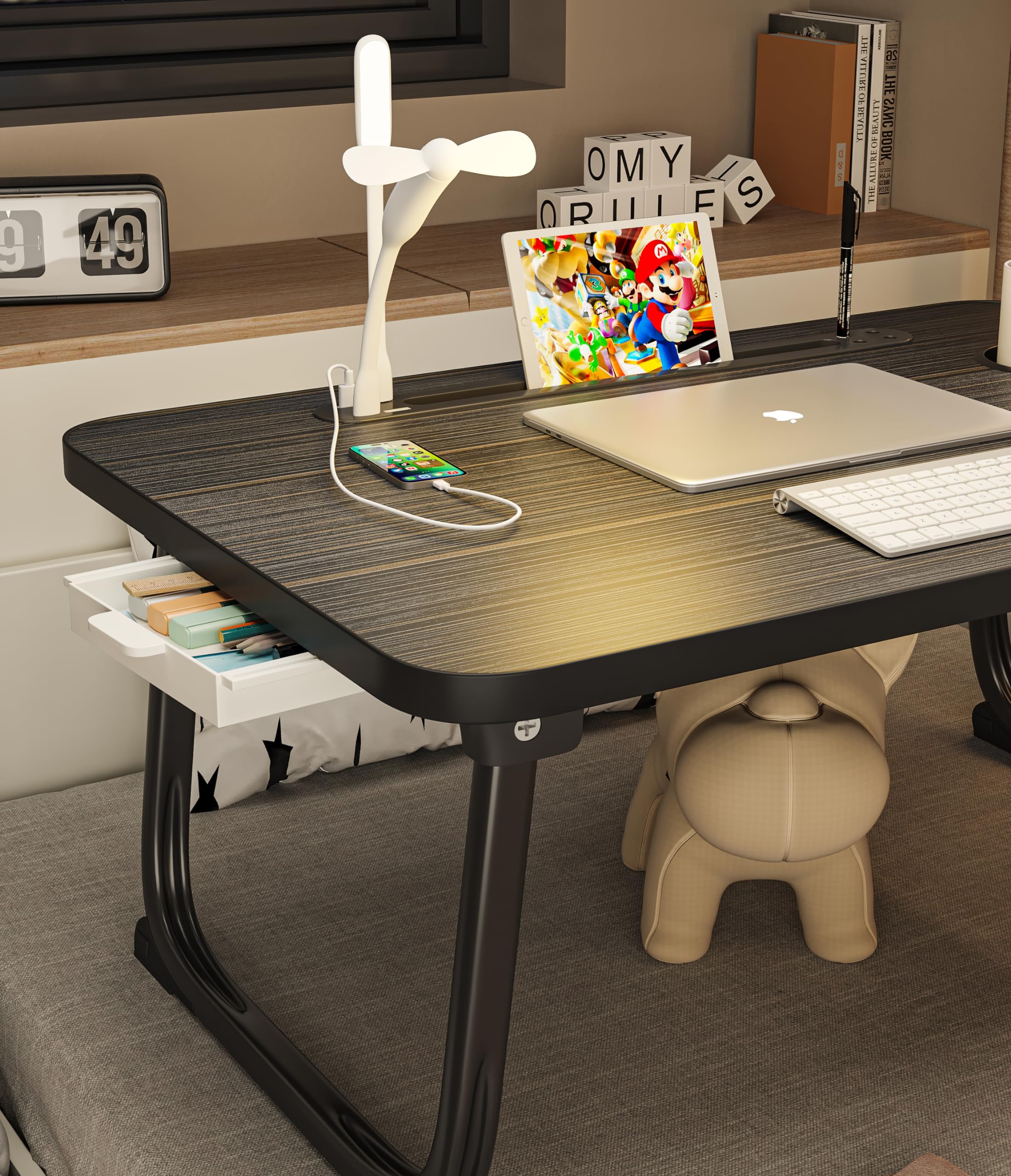 Foldable Laptop Desk with USB Charging Ports, LED Light & Storage Drawer - Portable Workstation for Bed, Sofa, Floor - Perfect for Home Office, Gaming & Remote Work