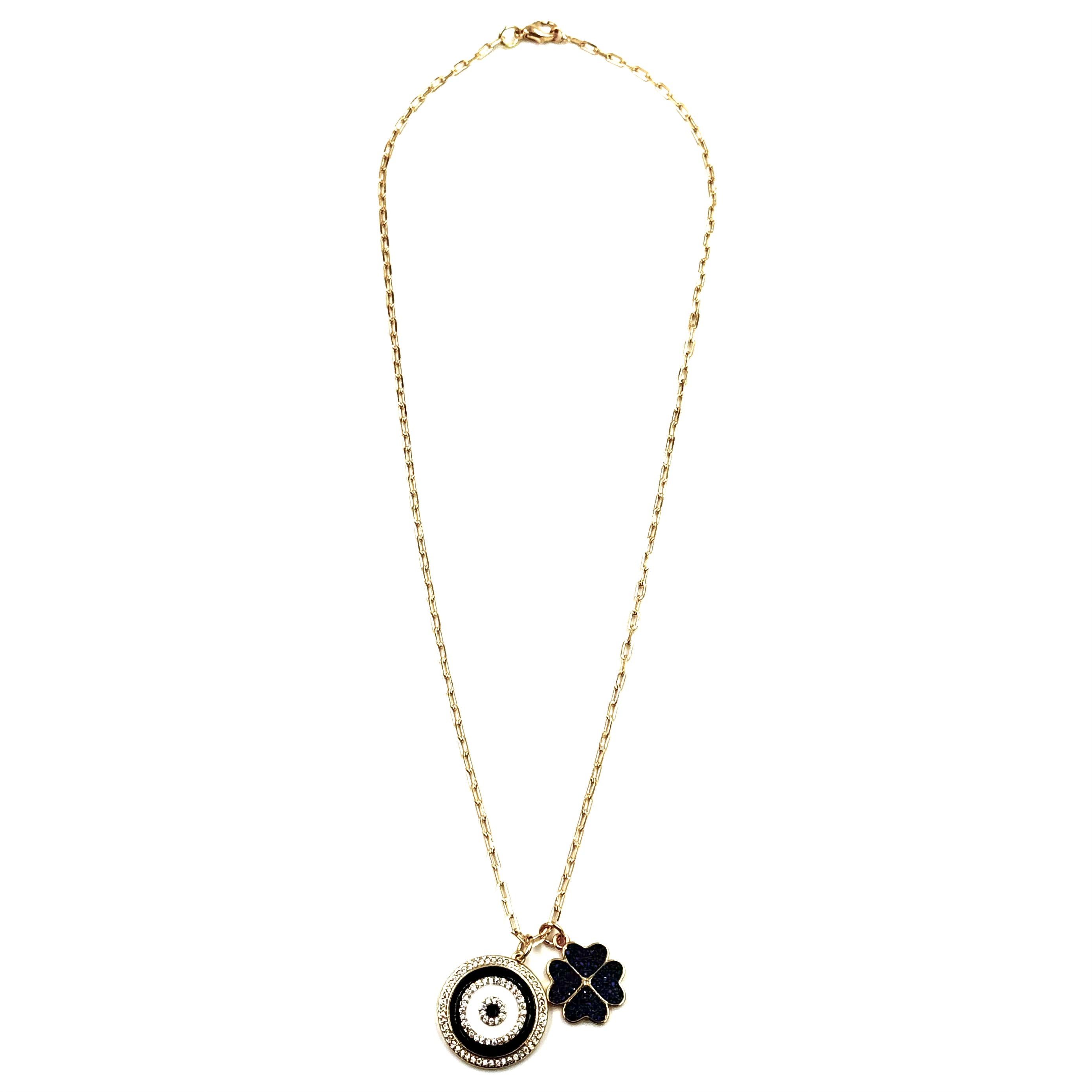 Ashley Gold Stainless Steel Evil Eye & 4 Leaf Clover Necklace - 18K Gold Plated CZ & Enamel Charm Pendant | Perfect for Protection, Luck & Everyday Jewelry