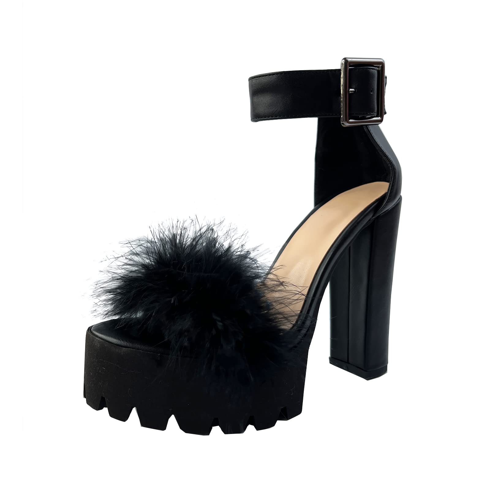 Women's Fluffy Fuzzy Platform Heels Sandals - Chunky Heeled Ankle Strap Summer Sandals for Casual Outings, Parties & Date Nights