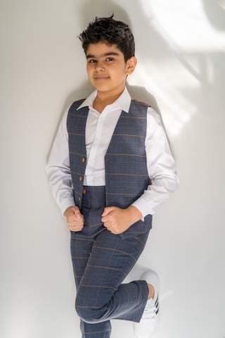 Marc Darcy Boys' Jenson Marine Navy Check 3-Piece Suit | Formal Kids Suit for Weddings, Parties & Special Occasions