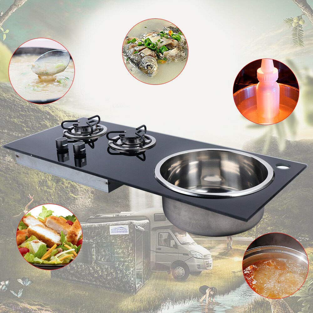 2 Burner Gas Cooktop with Sink - Tempered Glass LPG Stove for RV, Boat, Camper & Caravan | Easy Clean Design | Perfect for Outdoor Cooking, Small Apartments & Mobile Living