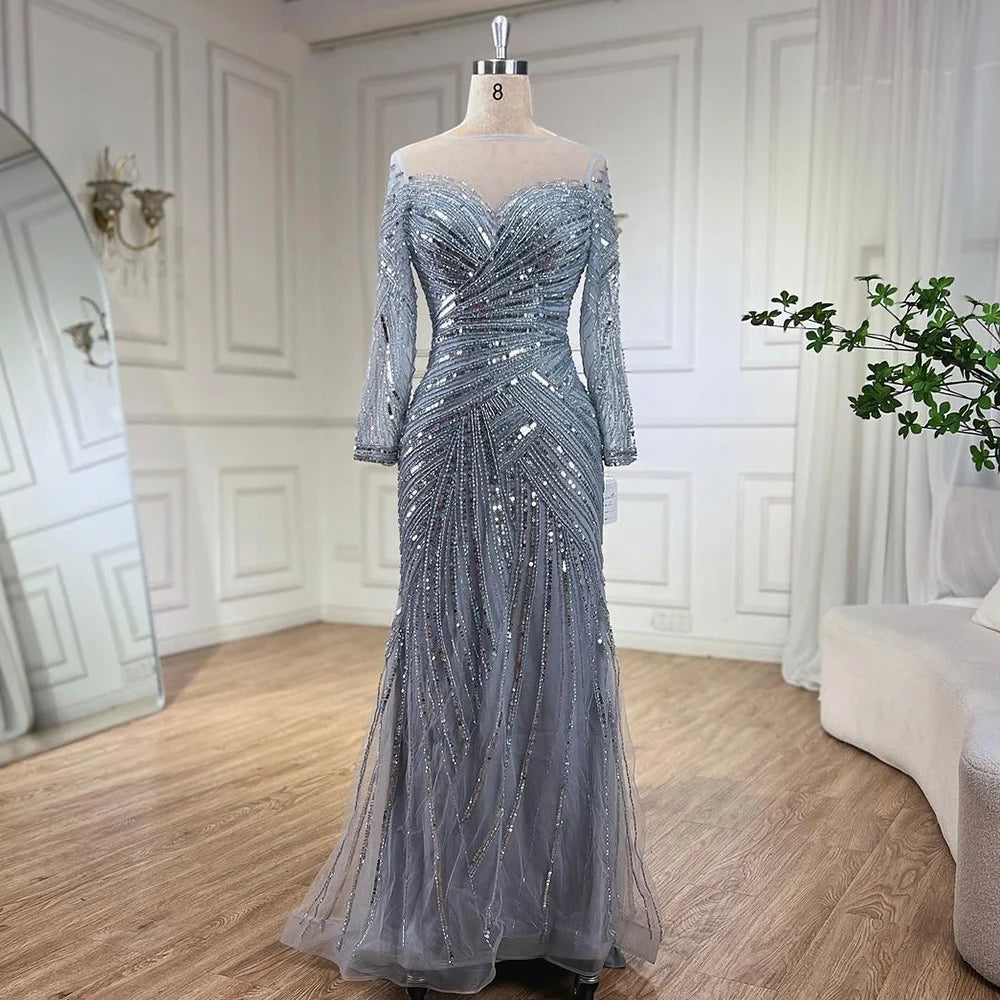 Luxury Gray Beaded Mermaid Evening Gown - Elegant Floor Length Muslim Party Dress for Women - Wedding, Prom, Gala & Special Occasions - Serene Hill Collection LA72295