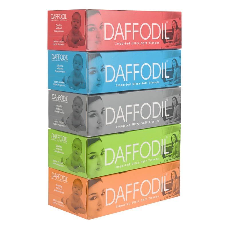 DAFFODIL 2-Ply Facial Tissues - 5 Boxes (100 Pulls Per Box, 200 Sheets) - Soft Car Tissue for Travel, Office & Home Use - Bulk Tissue Box for Cars, Desks & Handbags