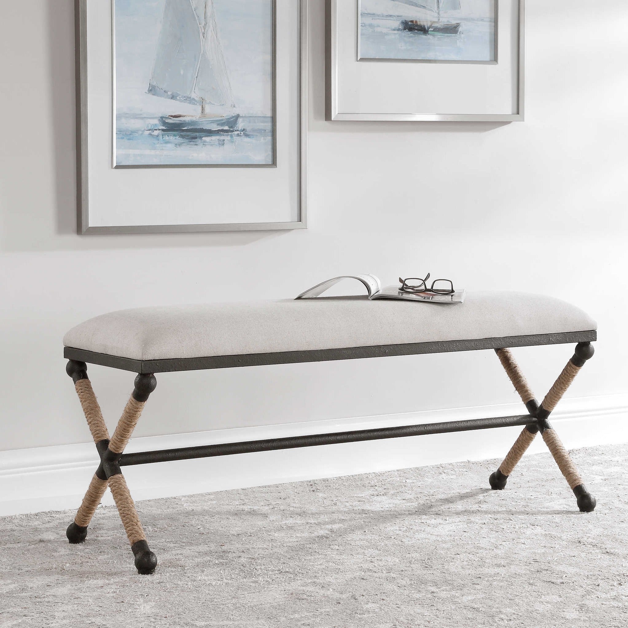 Nautical Bench with Rope & Iron Frame and Oatmeal Cushion - Perfect for Coastal Home Decor, Beach House Furniture, and Outdoor Patio Seating