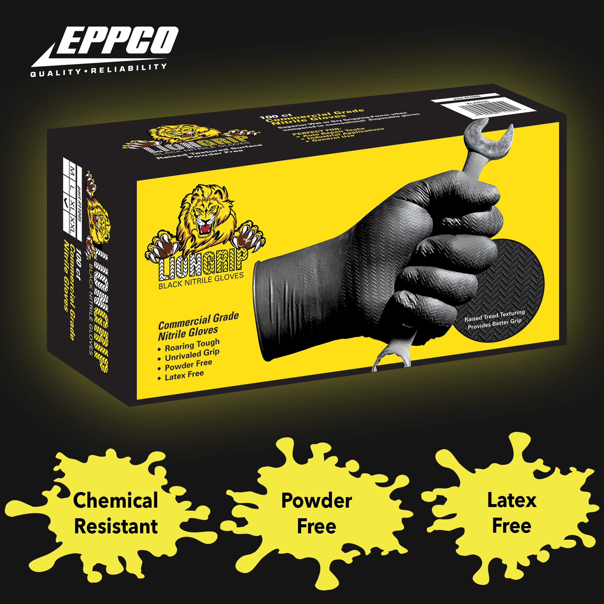 EPPCO LionGrip 7-Mil Black Nitrile Gloves - Disposable, Powder-Free, Latex-Free, Textured for Superior Grip - Ideal for Medical, Laboratory, Food Handling, and Industrial Use
