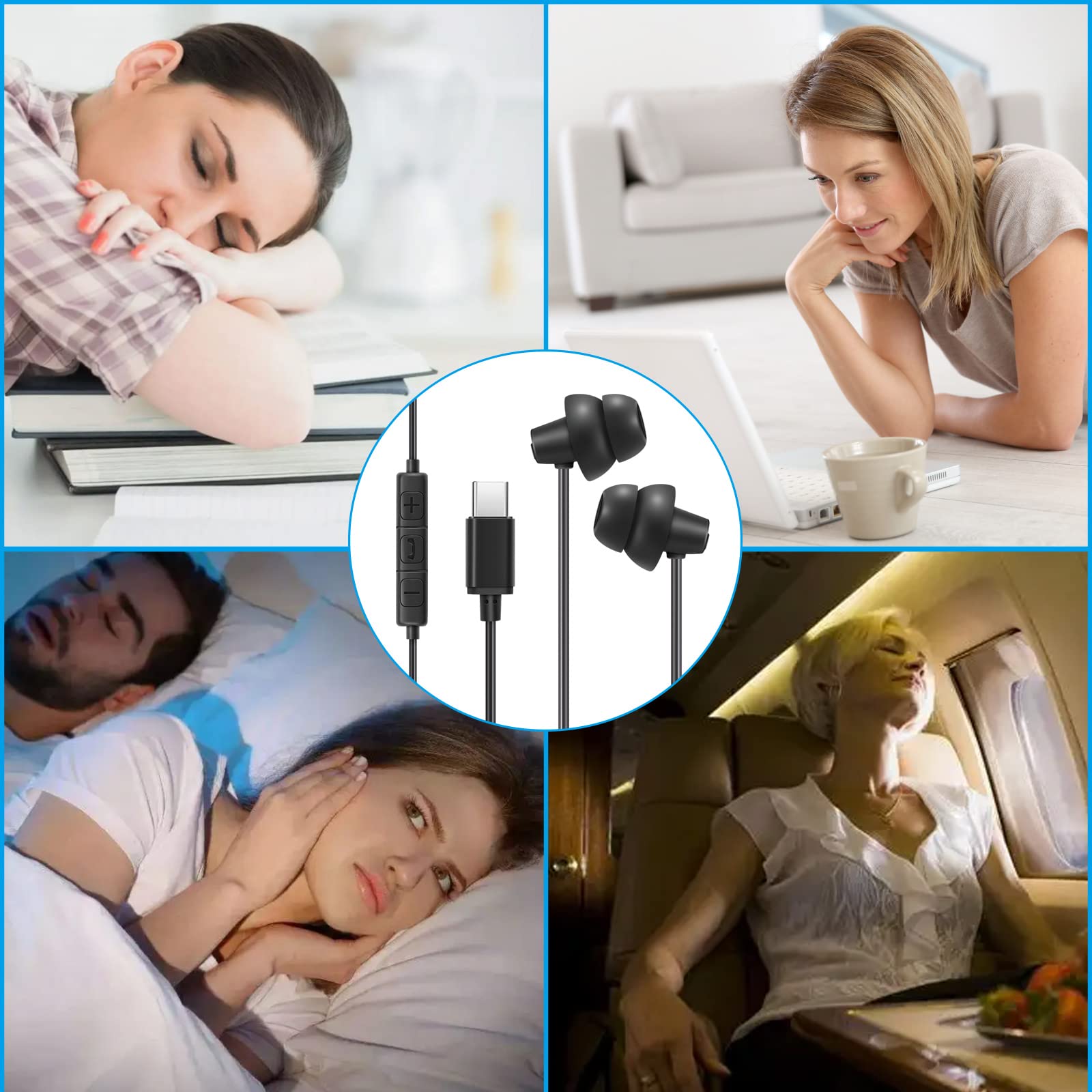 MAXROCK 2PCS Sleep Wired Headphones with USB-C Plug - Comfortable Wired Earbuds for Sleeping, Built-in Remote for Music, Calls & Volume Control - Compatible with iPhone 15 & Samsung Android Phones | Perfect for Nighttime Use, Travel & Meditation