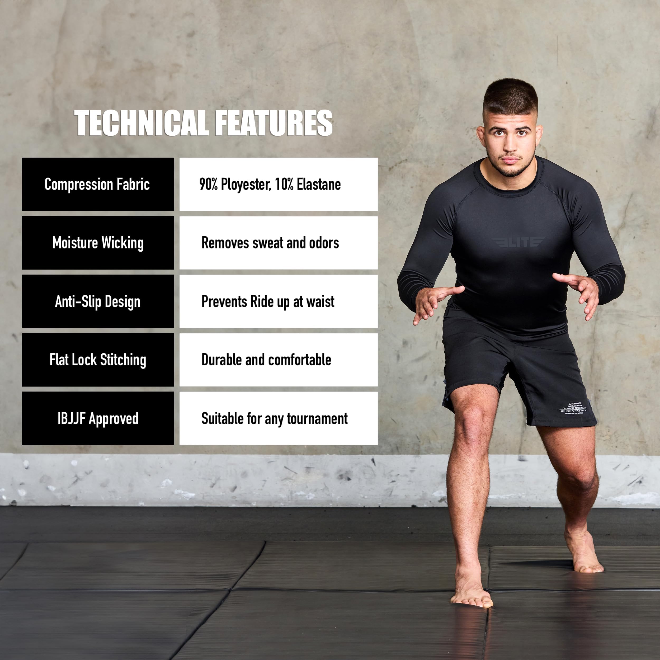 Elite Sports Men's BJJ Rash Guard - Long Sleeve Compression Shirt for Jiu Jitsu, MMA & NoGi Training - Moisture Wicking & UV Protection for Grappling, Wrestling & Martial Arts