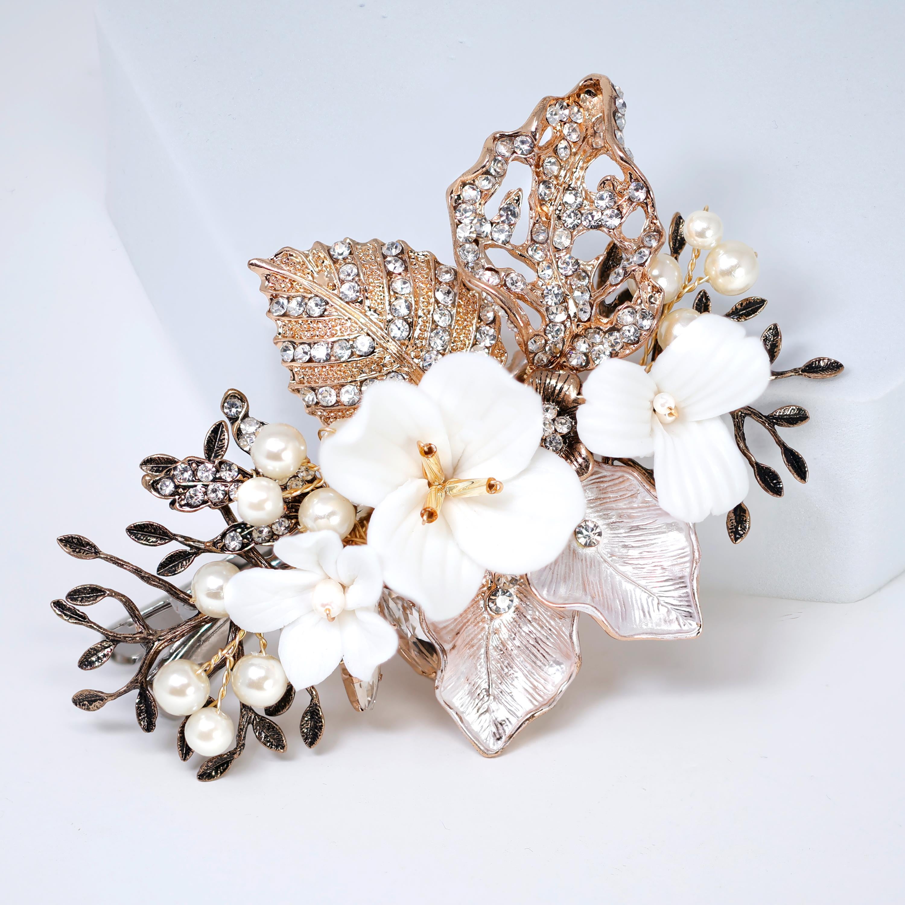 Swarovski Crystal Porcelain White Flower Hair Clip - Elegant Bridal Hair Accessory for Wedding, Bridesmaid Gift, Heirloom Hairpin (Perfect for Bridal Shower, Engagement Party & Formal Events)