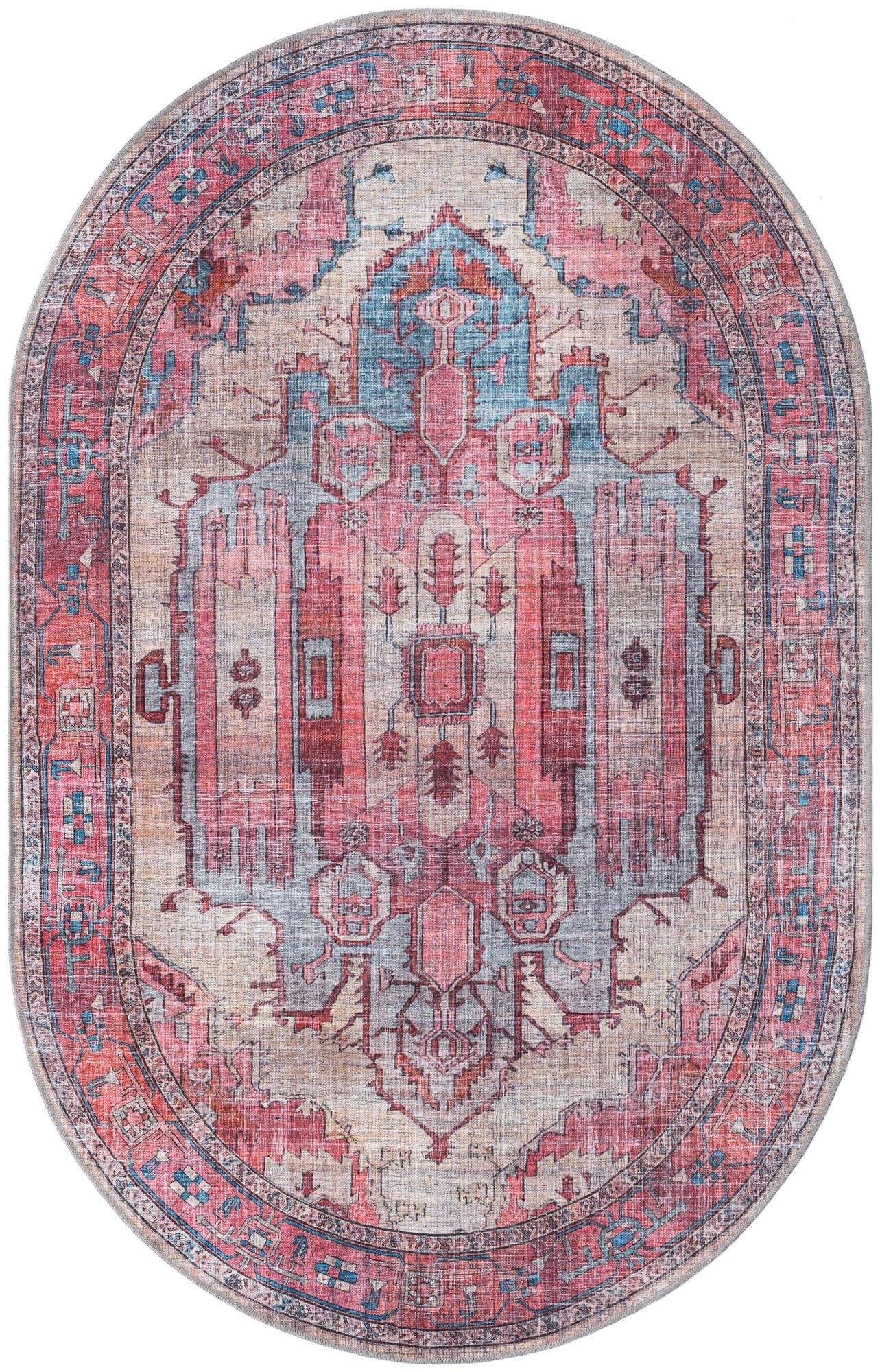 Washable Beige Low-Pile Rug 5' x 8' Oval - Maahru Collection by Rugs.com | Non-Slip Living Room Carpet, Dining Room Floor Mat, Open Space Decor for Home & Office
