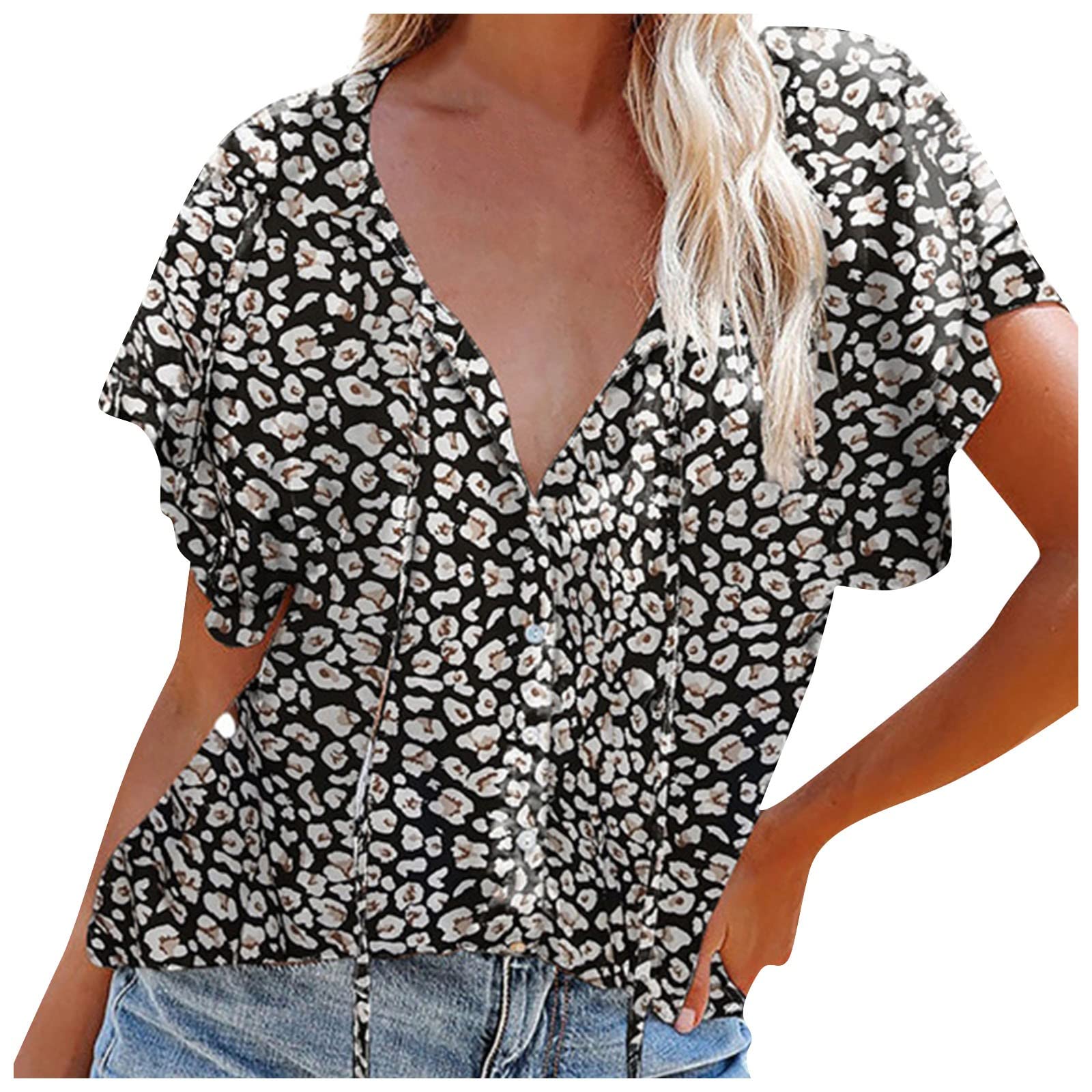 Women's Floral Print V-Neck Loose Casual Blouse - Summer Short Sleeve Ruffle Tunic Top for Beach, Vacation & Everyday Wear
