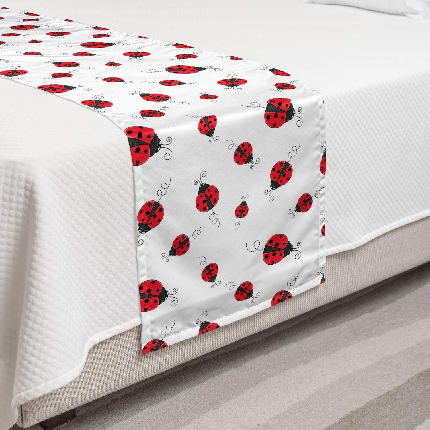 Ambesonne Ladybugs Bed Runner Set with Pillow Shams - White & Black Ladybug Dotted Wings Swirls Pattern Decorative Bedding Scarf for Hotels & Homes - Perfect for Spring Decor, Guest Room Styling & Themed Bedroom Accents